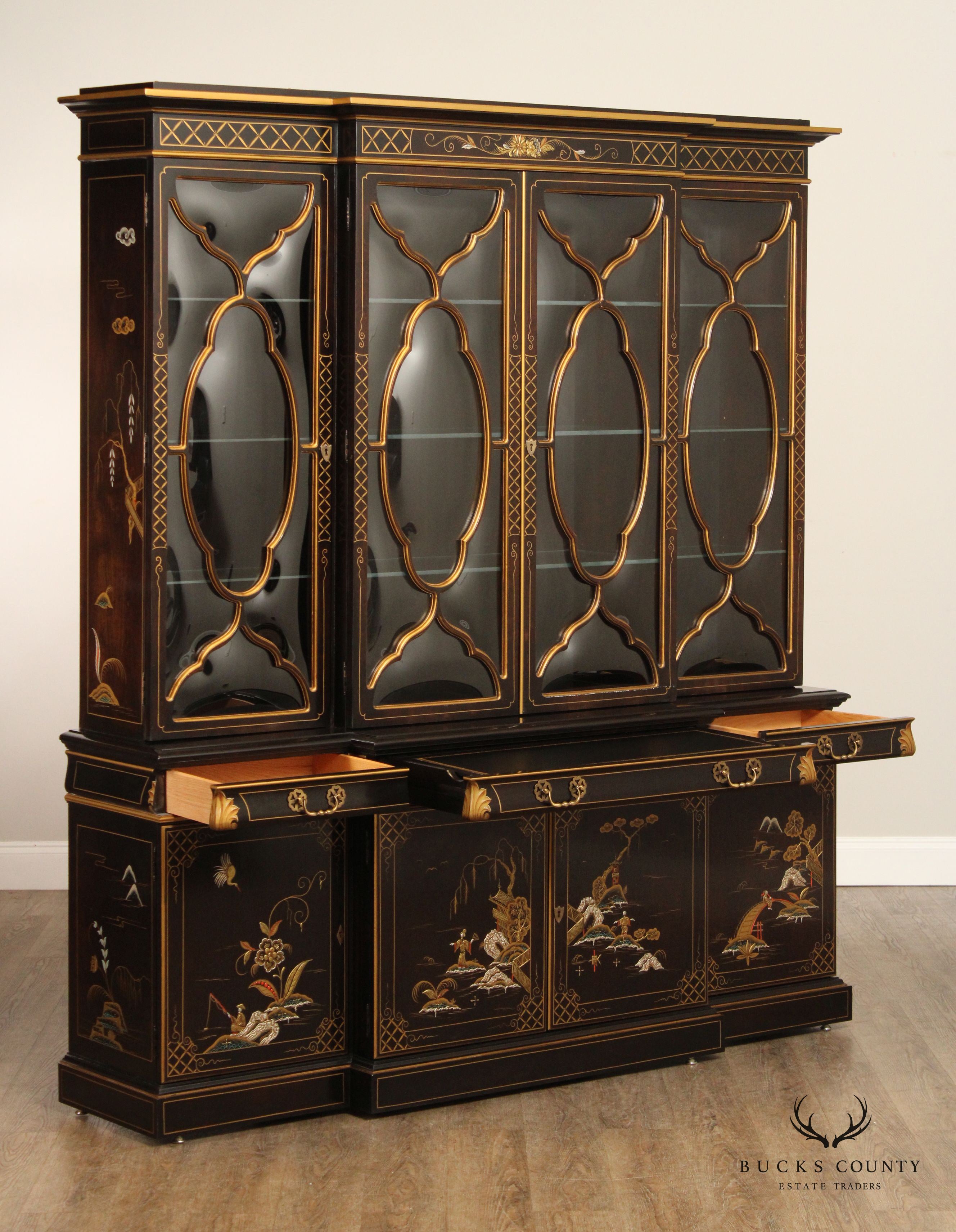 Karges Chinoiserie Decorated Breakfront China Display Cabinet