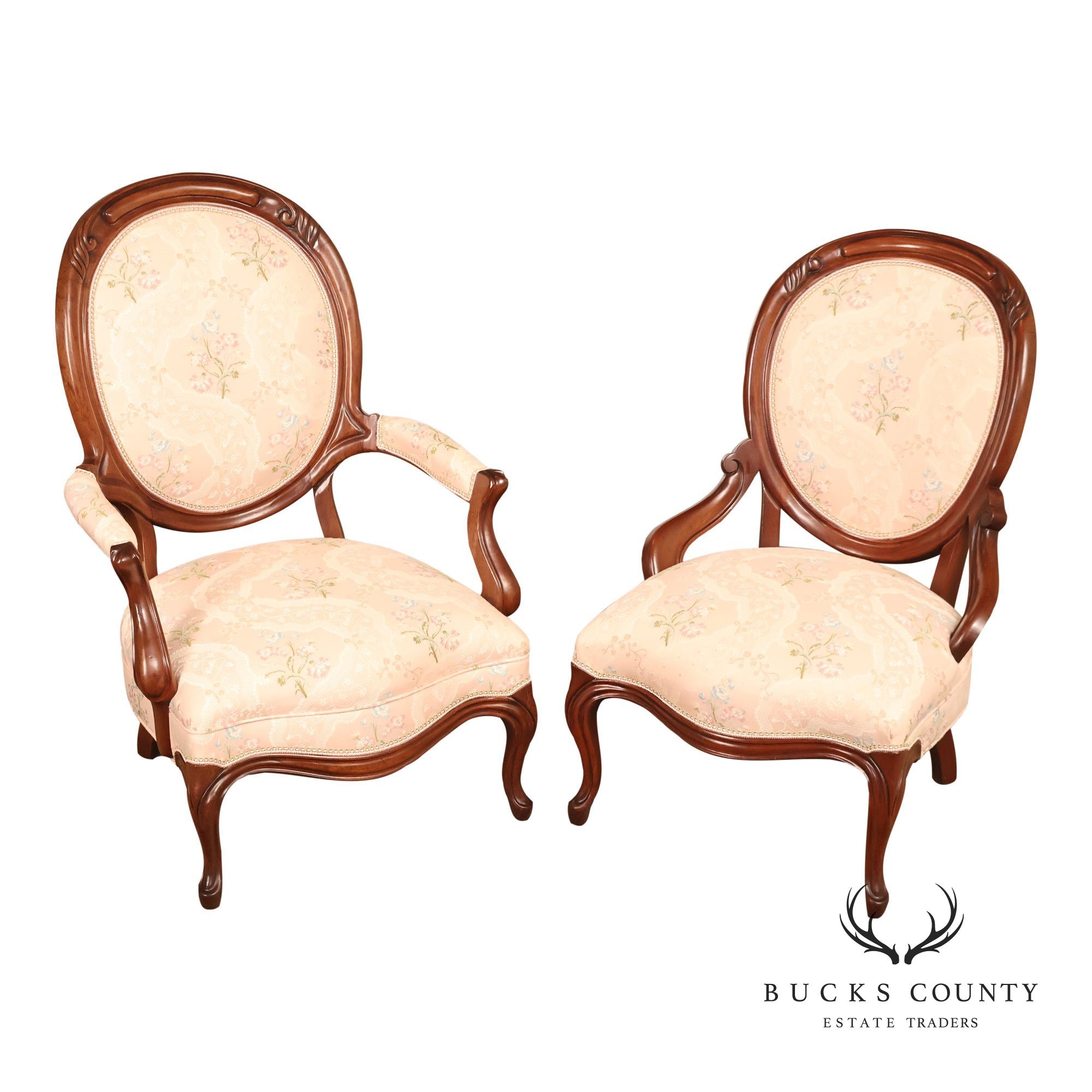 Antique Victorian Walnut Pair Of His And Hers Parlor Armchairs