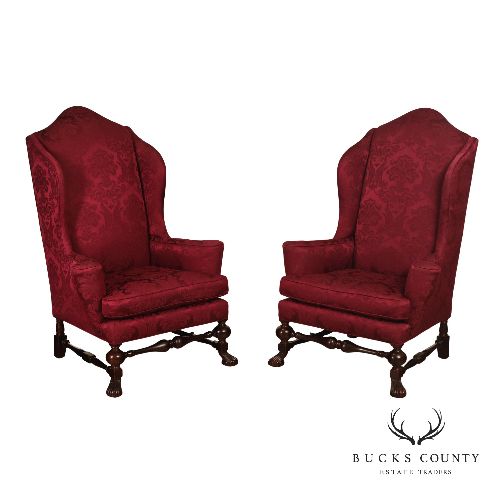 Baker Stately Homes Collection Pair of Carved Wingback Armchairs