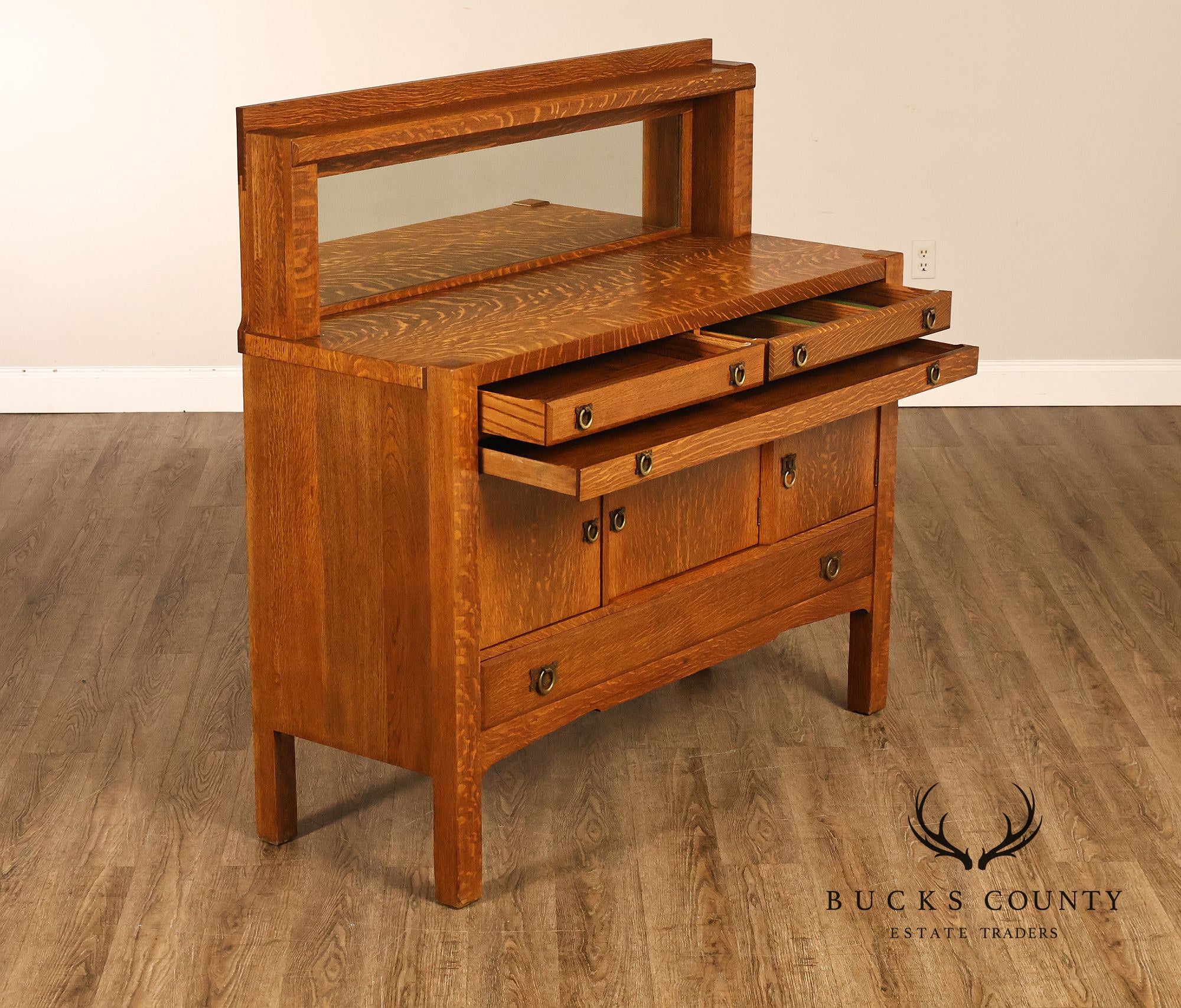Antique Arts And Crafts Mission Oak Mirrored Sideboard Buffet