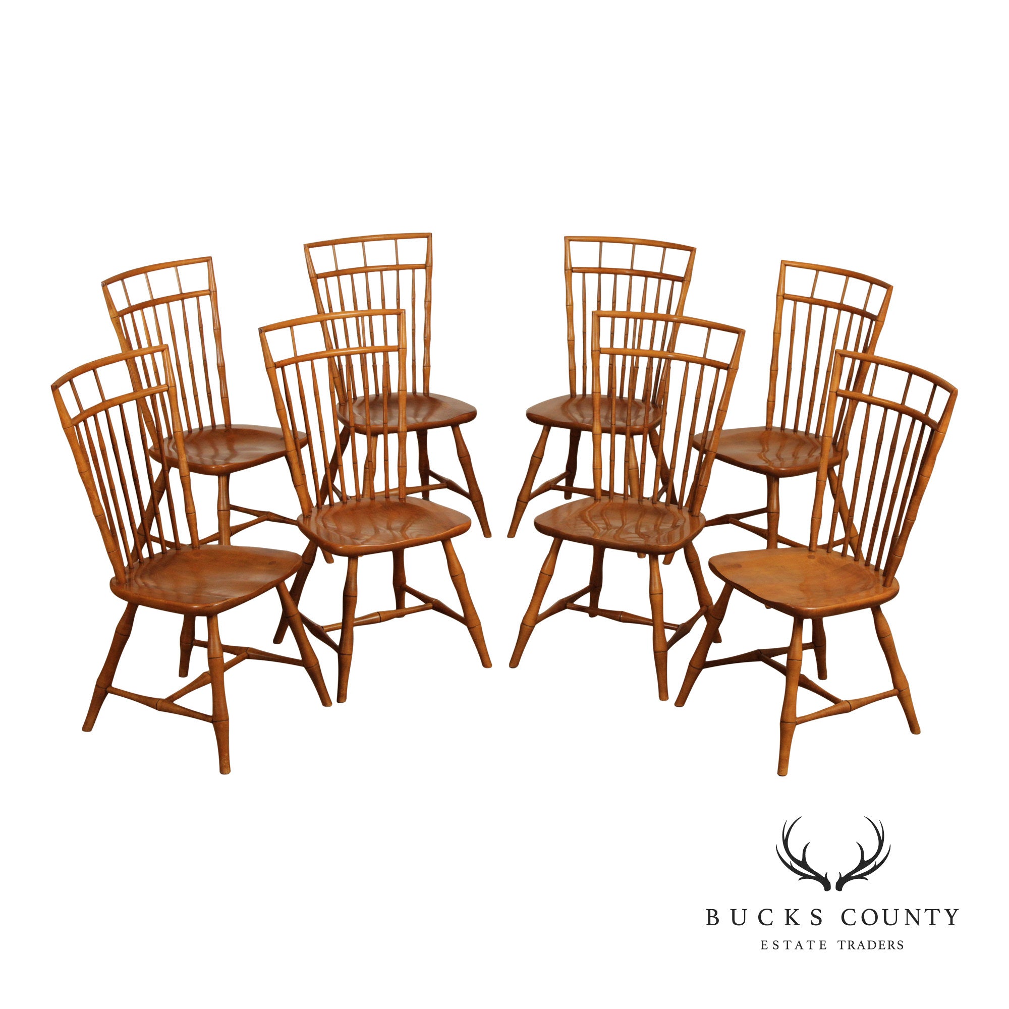 Ethan Allen Circa 1776 Collection Maple Set Of Eight Birdcage Windsor Dining Chairs