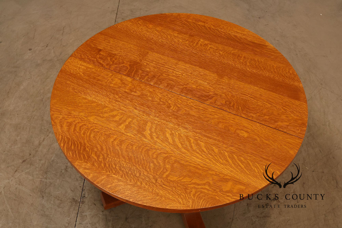 Stickley Mission Collection Round Oak Pedestal Dining Table With Two Leaves