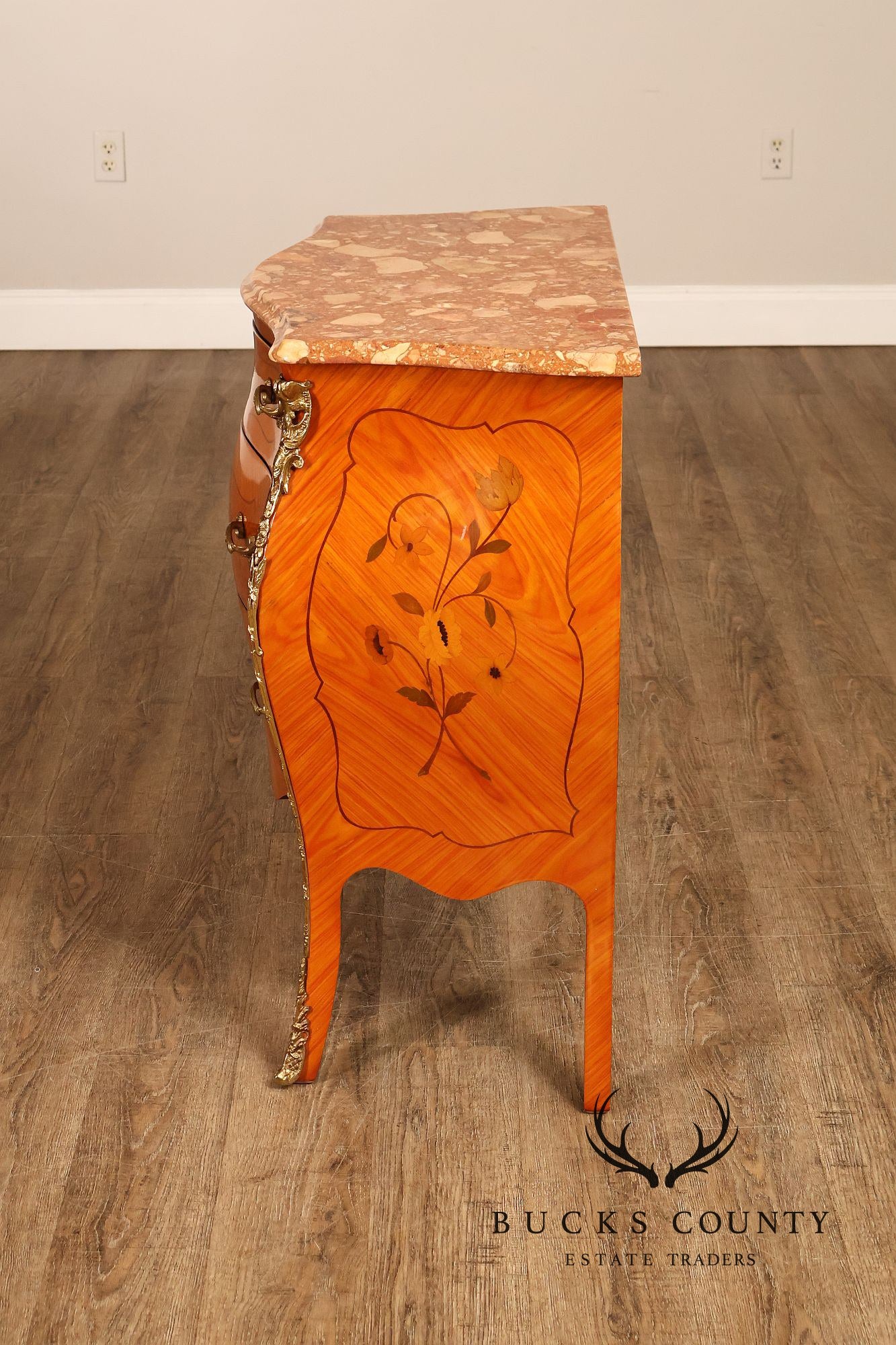 Italian Louis XV Style Marquetry Inlaid Marble Top Bombe Chest Commode