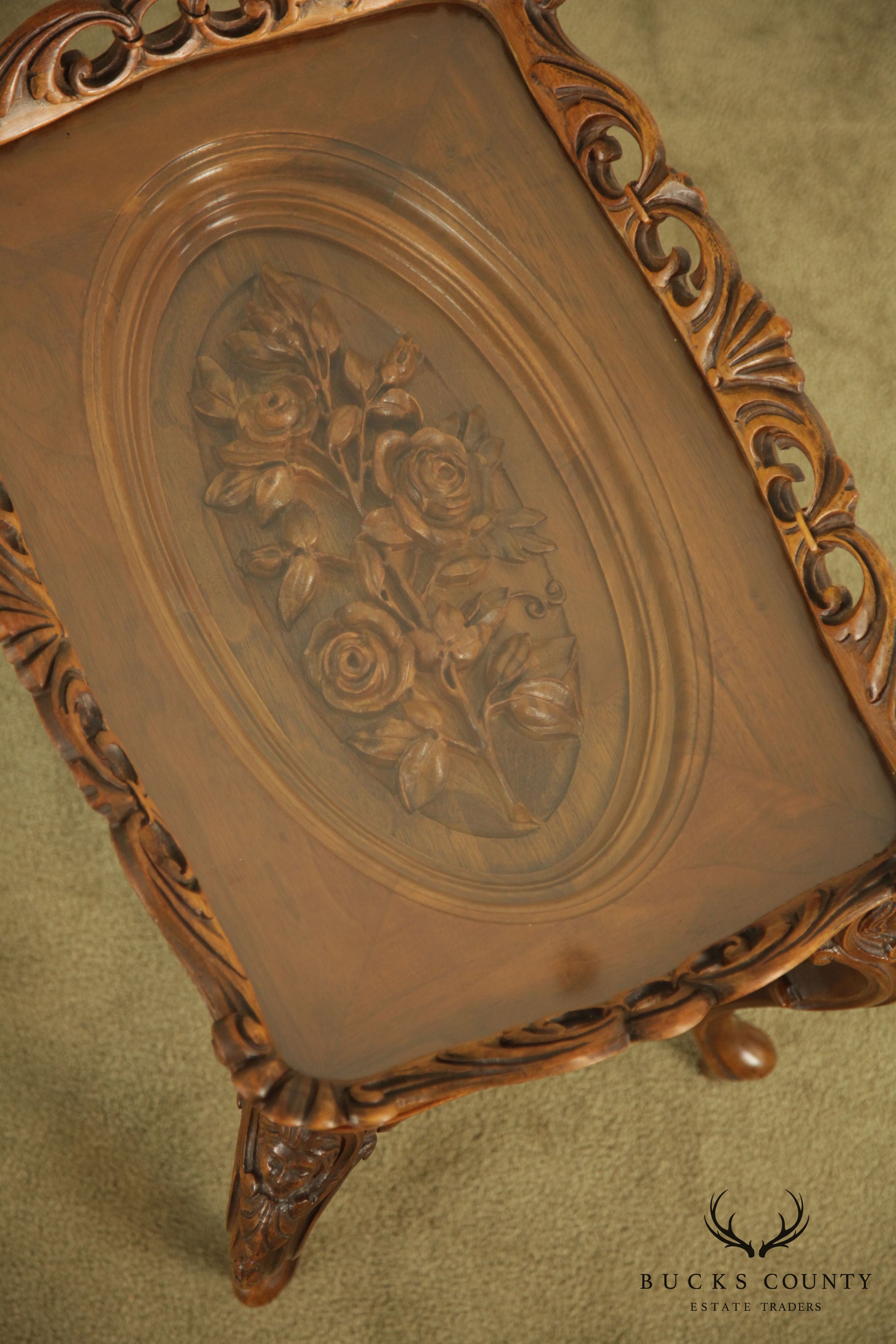 Renaissance Revival Antique Carved Walnut Tray Top Coffee Table