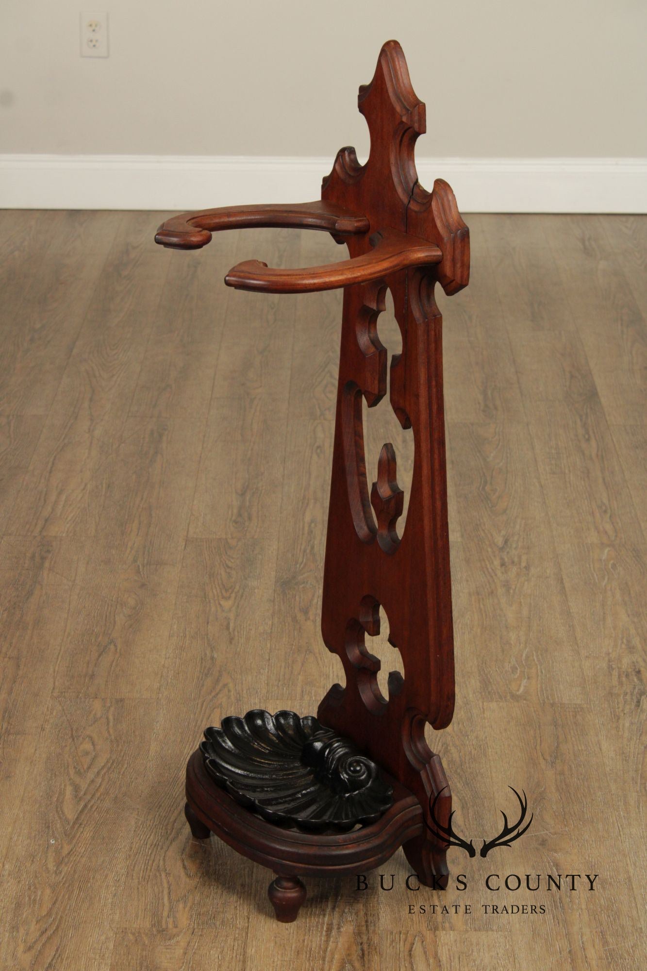 Antique Victorian Gothic Revival Umbrella Stand With Cast Iron Drip Pan