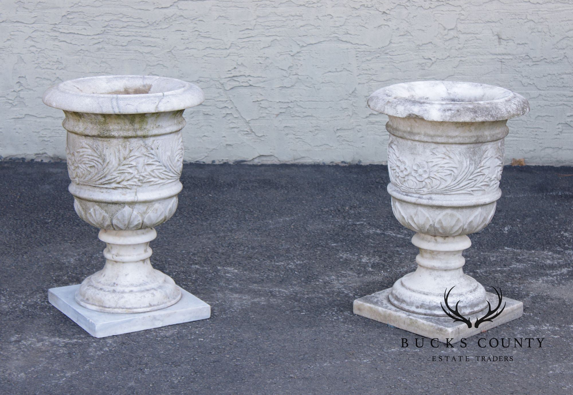 Vintage Pair Of Carved Marble Garden Urns