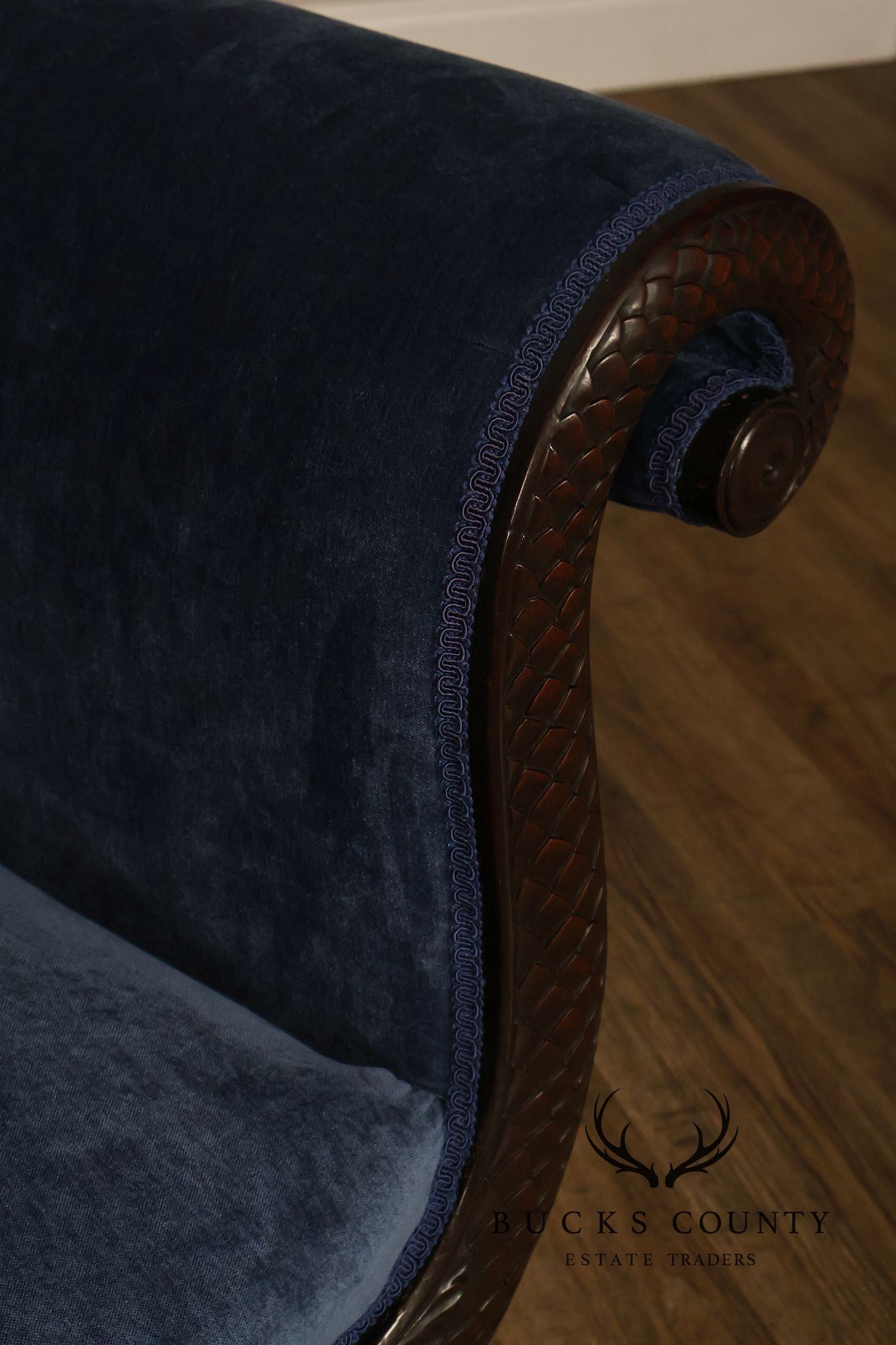 Antique American Empire Mahogany Carved Swan Arm Sofa With Blue  Upholstery