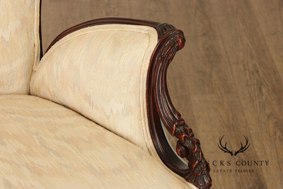 Vintage Mahogany Carved Fireside Armchair With Two-Tone Upholstery