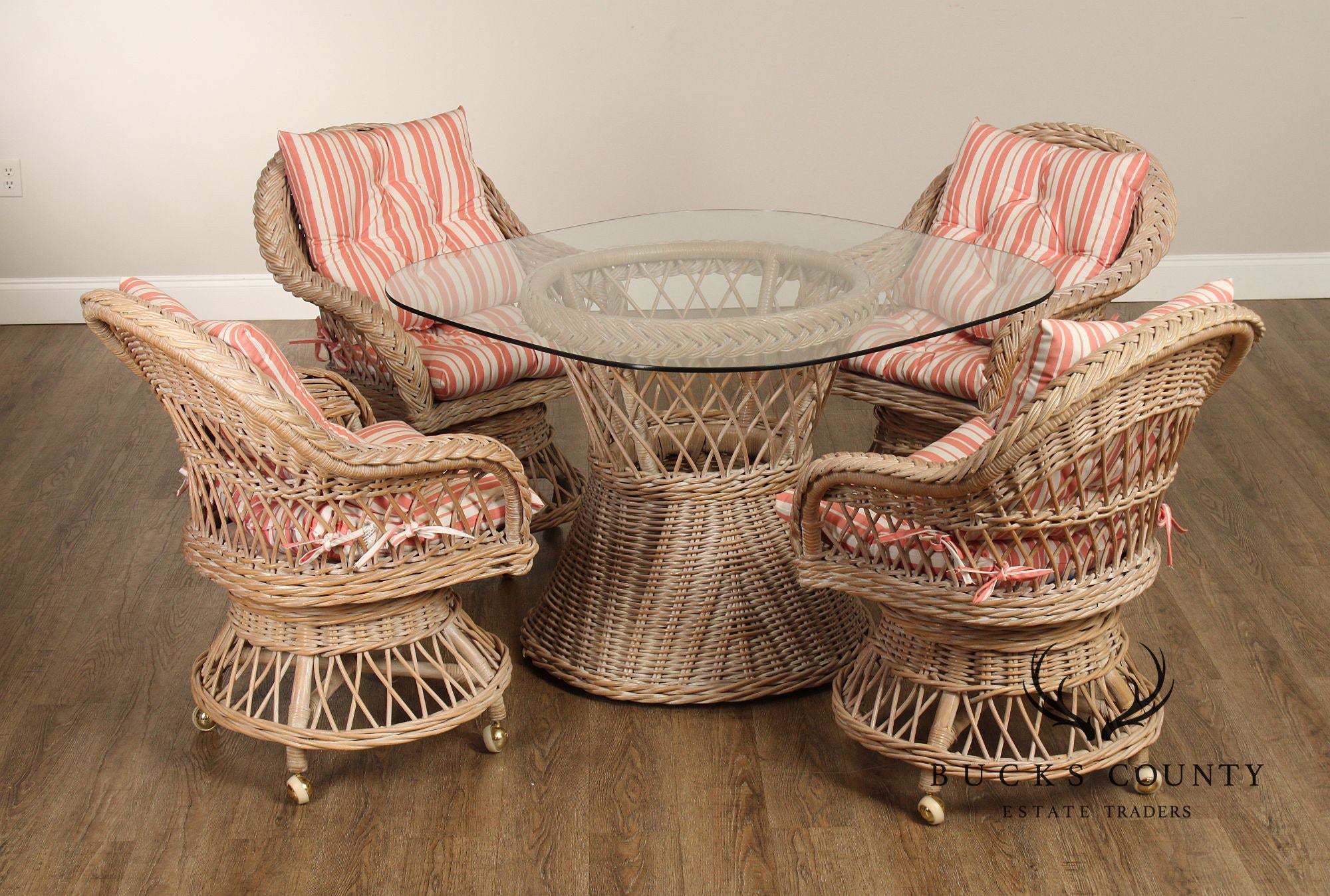 Vintage Boho Style Wicker Rattan Five Piece Dining Set