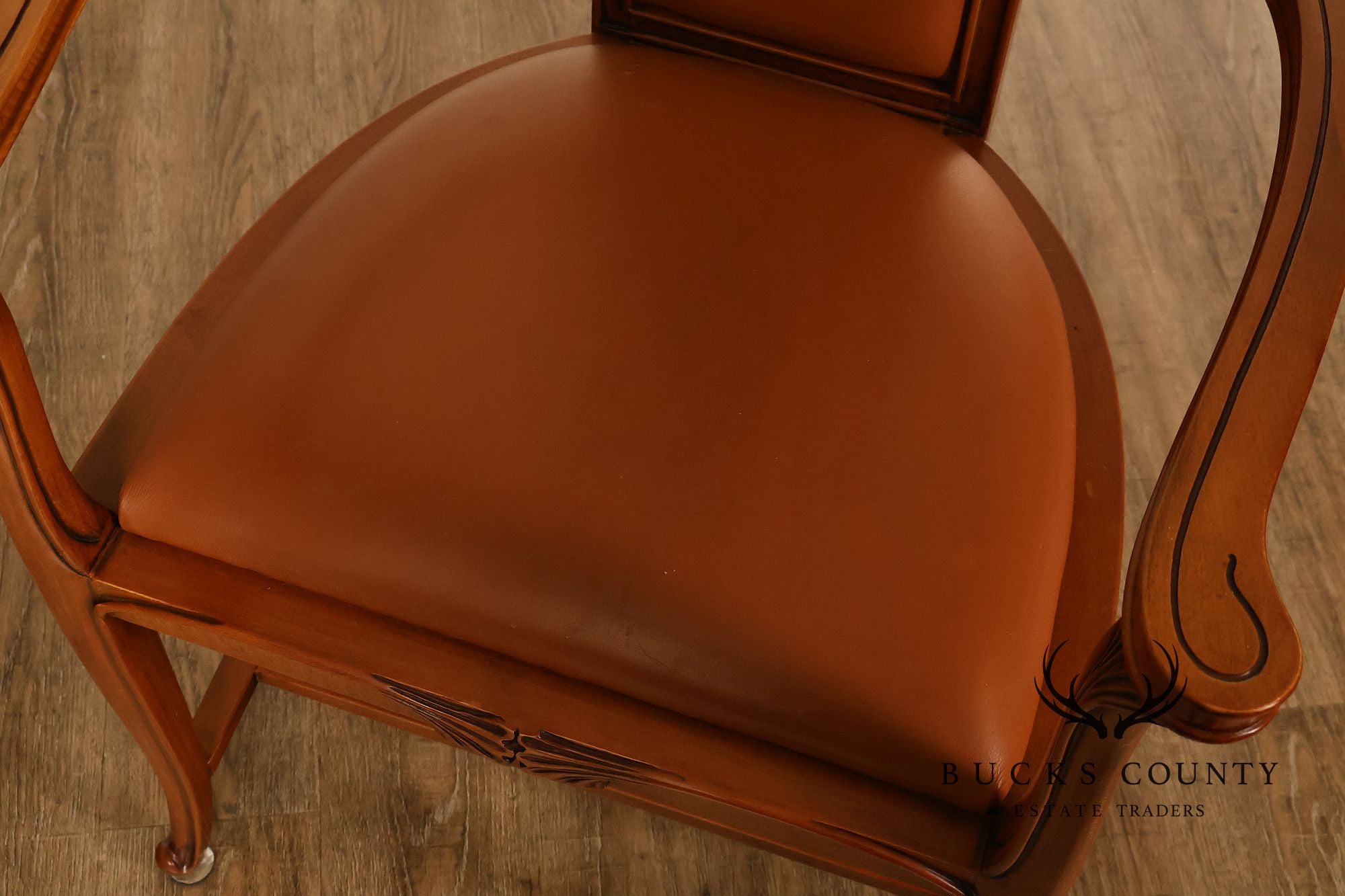 Antique Art Nouveau Carved Wood And Leather Armchair