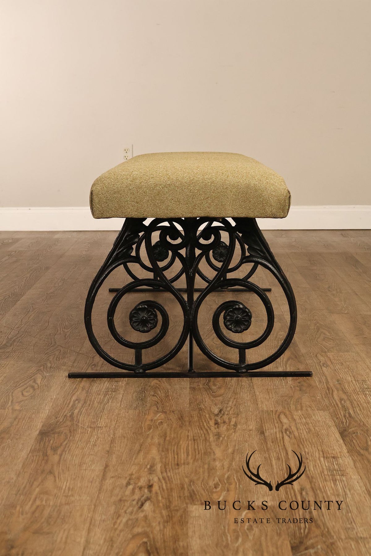 Vintage Wrought Iron Scrollwork Upholstered Bench