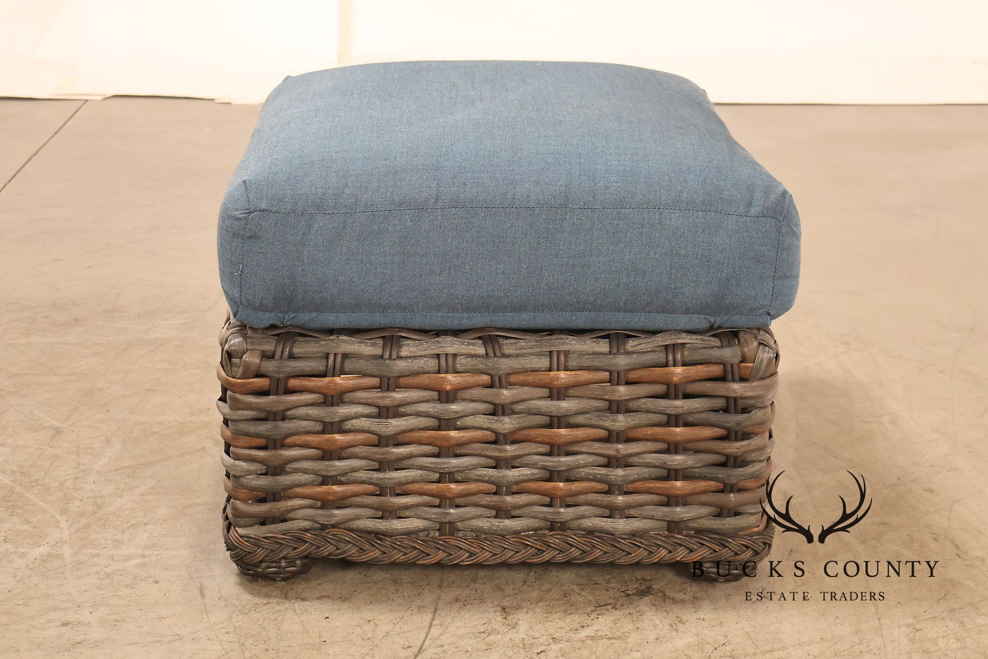 Lane Venture WeatherMaster Pair Of Woven Wicker Outdoor Ottomans With Blue Cushions