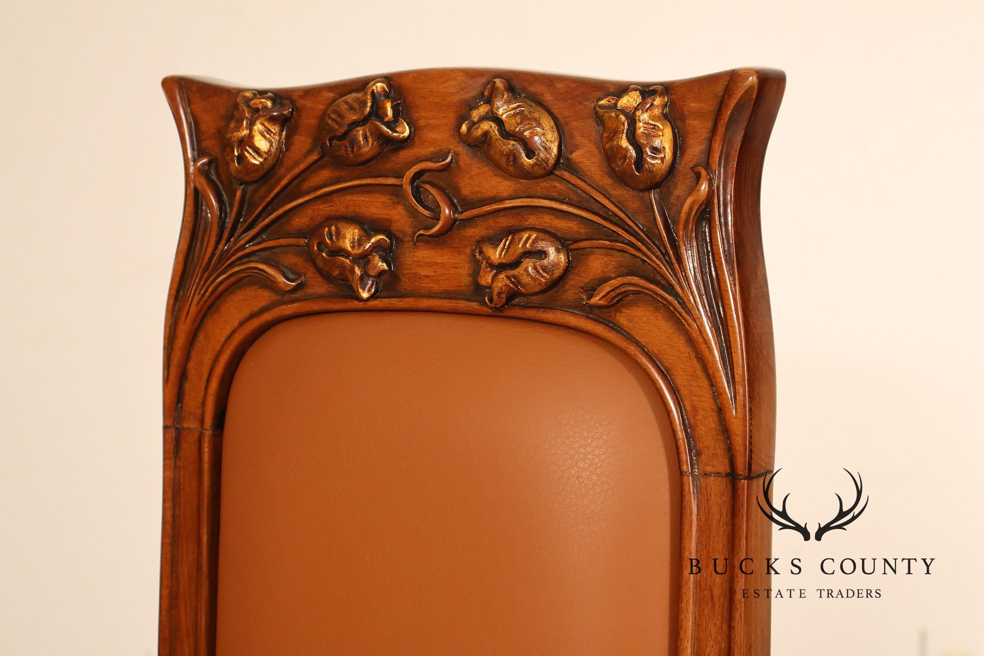 Antique Art Nouveau Carved Wood And Leather Armchair