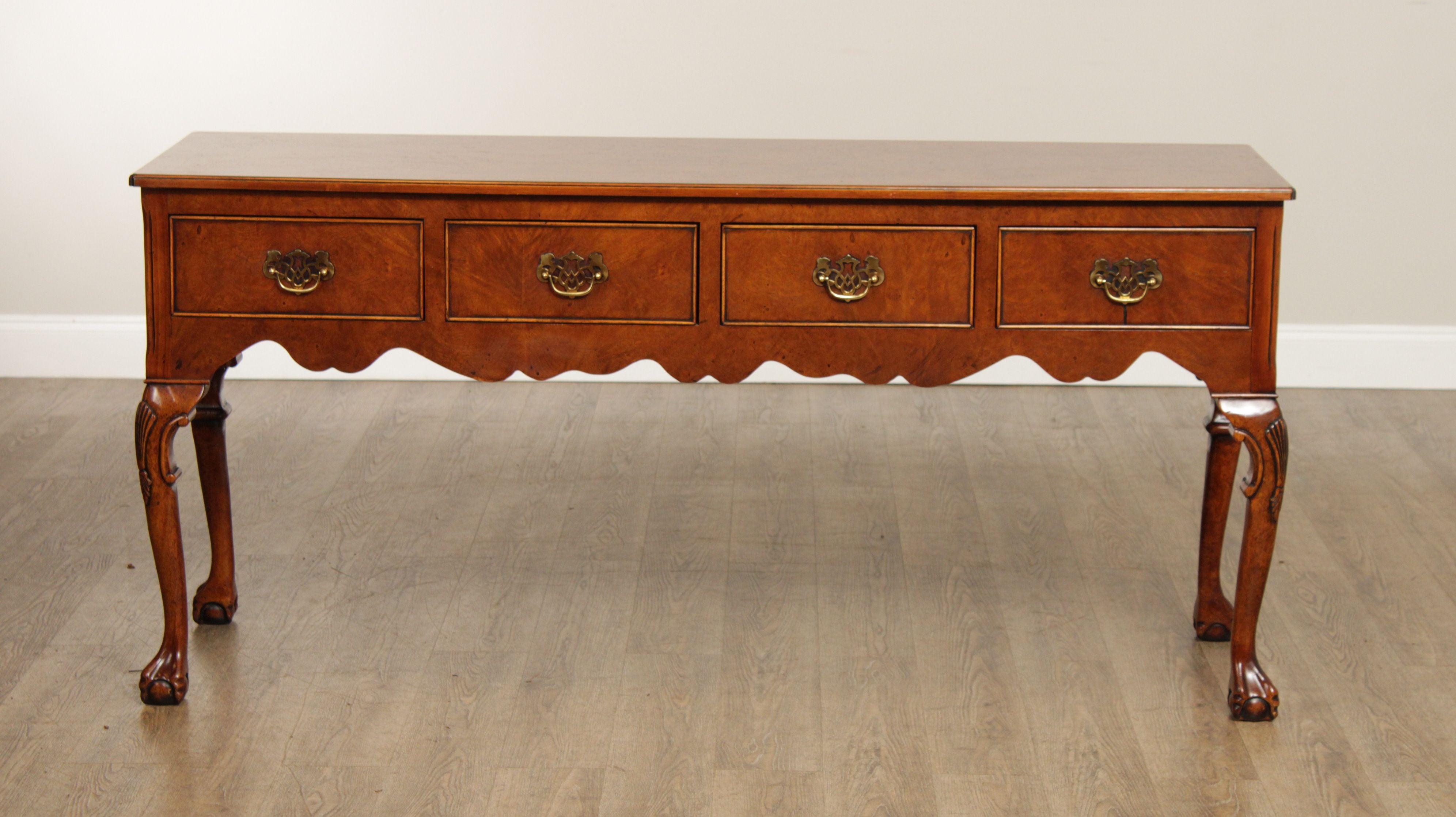 Georgian Style Carved Four Drawer Burl Walnut Sideboard