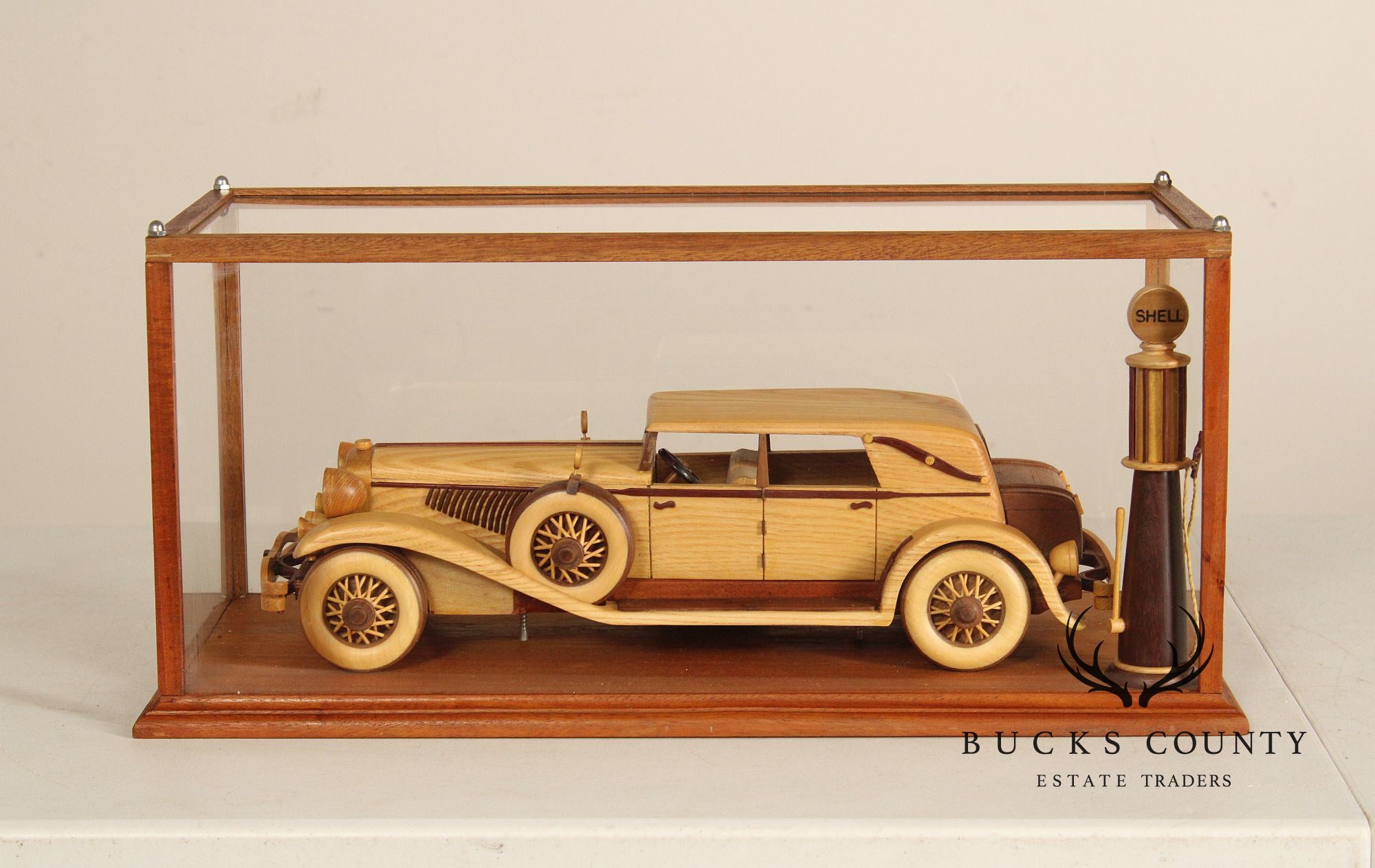 Carved Wood 1930 Duesenberg Model J in Display Case