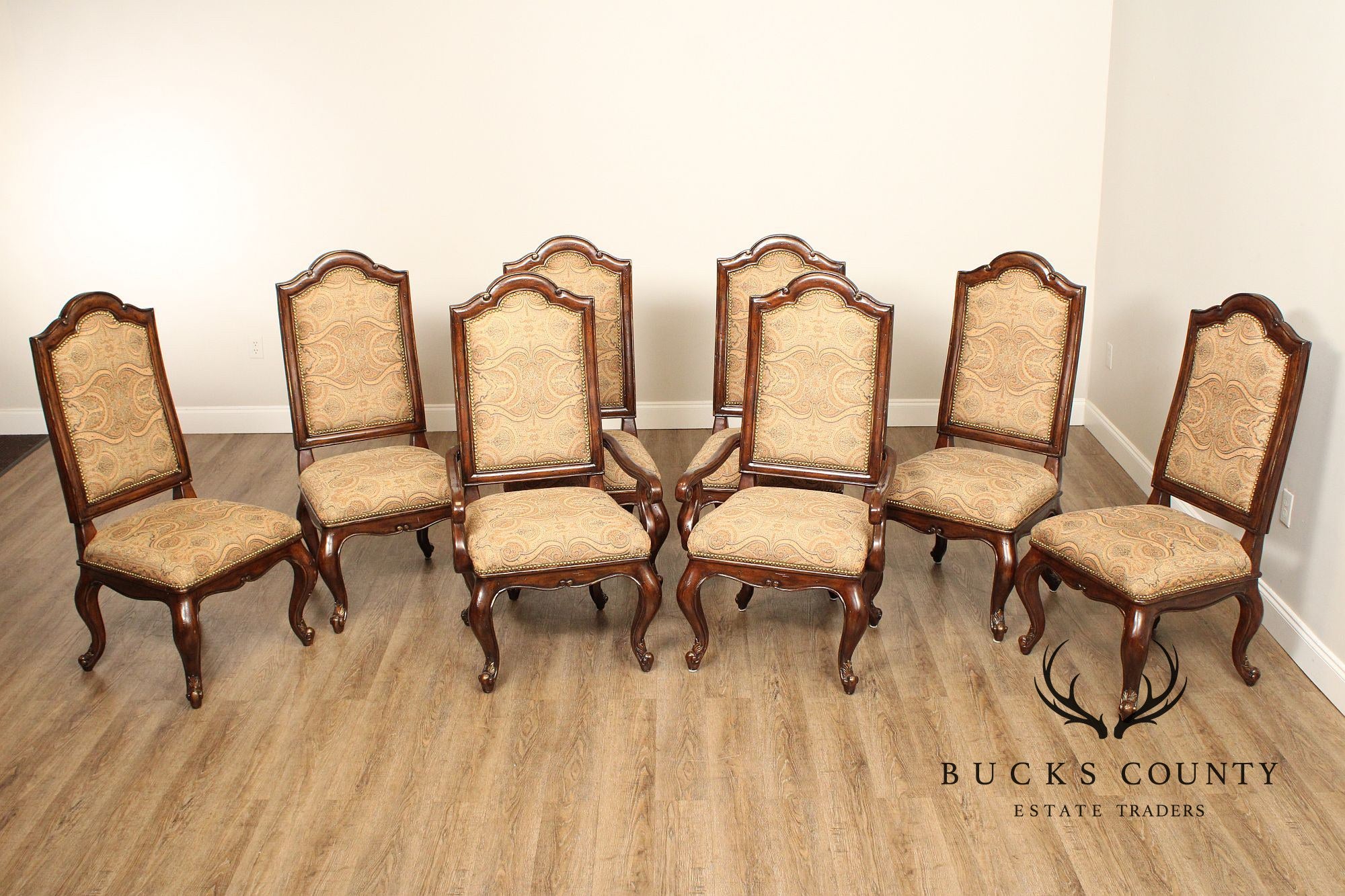 French Louis XV Style Set of Eight Carved Frame Upholstered Dining Chairs