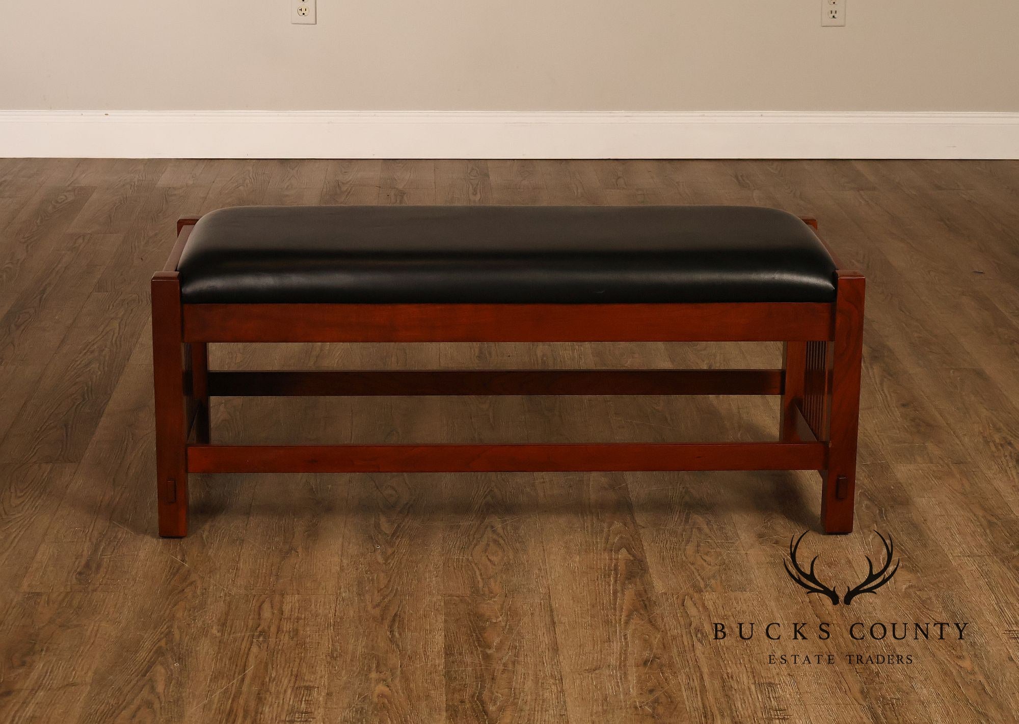 Stickley Mission Collection Leather and Cherry Spindle Bench