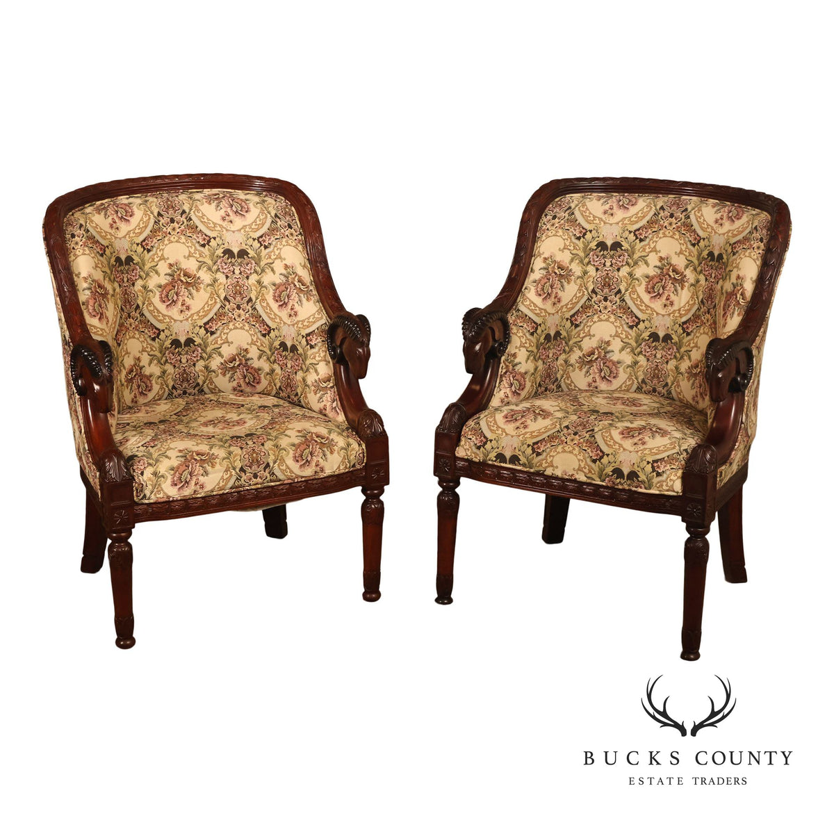 Pair Of Carved Mahogany Ram’s Head Upholstered Armchairs