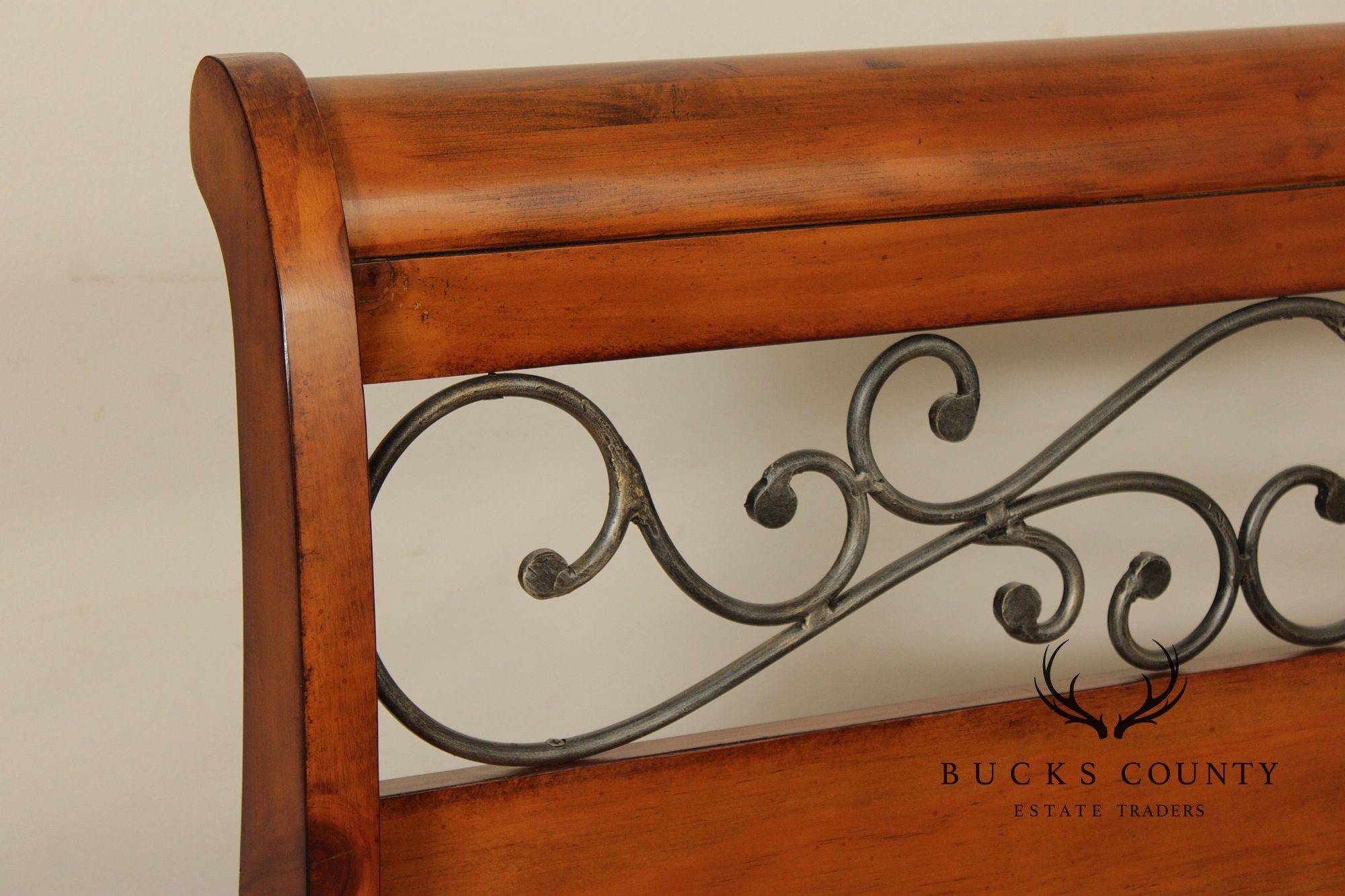 Queen Size Sleigh Bed With Iron Scroll Detail