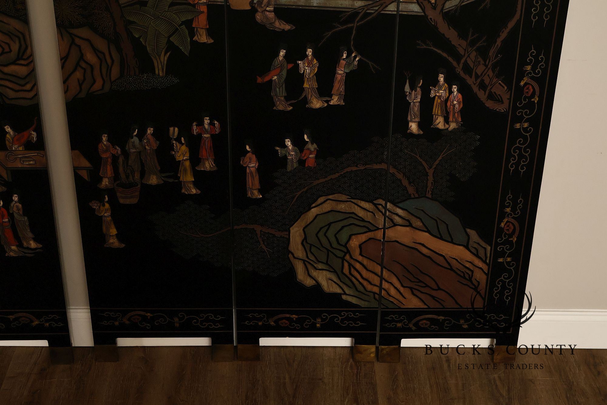 Asian Style Black Vintage Lacquer Six Panel Folding Screen