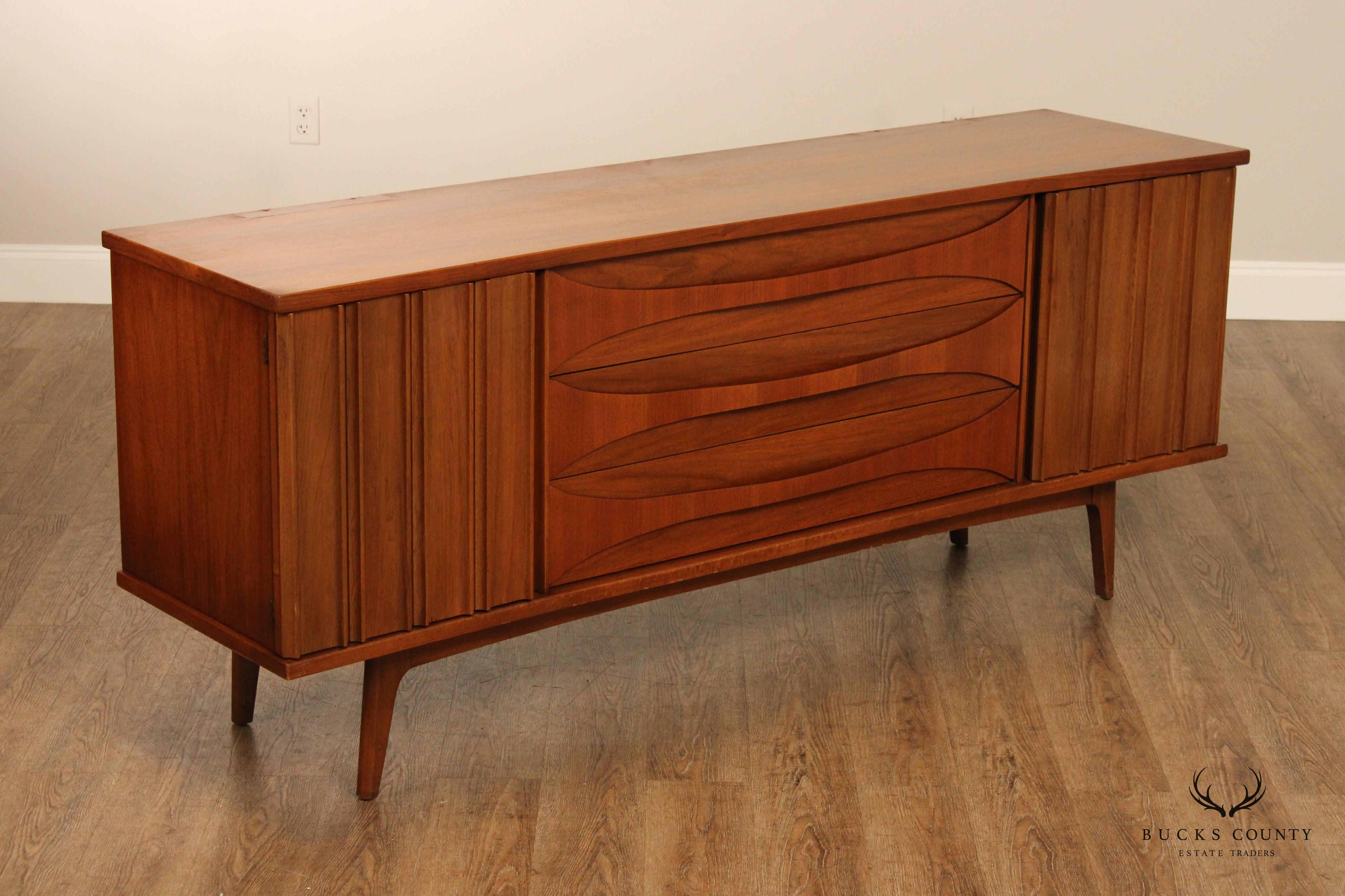 Mid Century Modern Sculpted Walnut Long Dresser