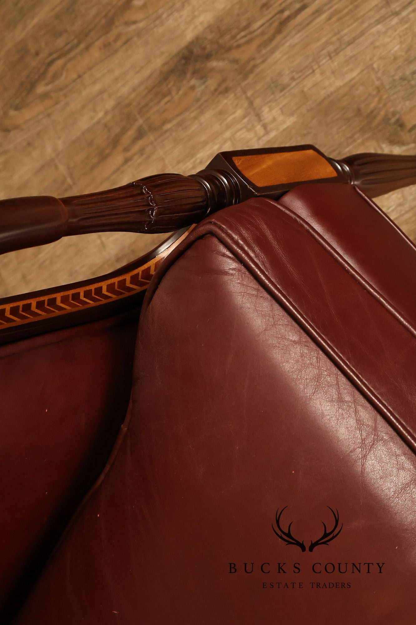 Hancock & Moore Sheraton Style Inlaid Mahogany Leather Settee