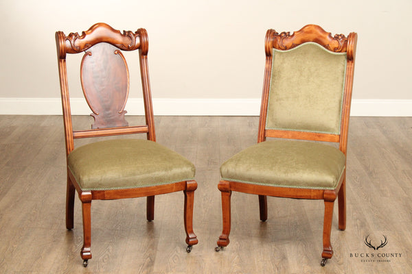 Antique Set Of Two Victorian Lion Carved Side Parlor Chairs