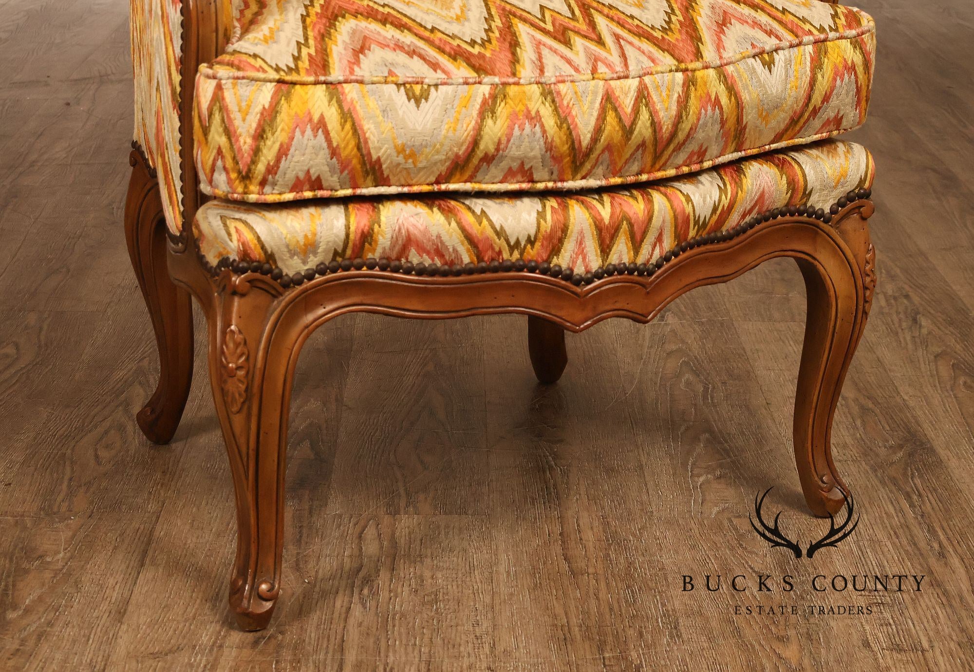 Baker Furniture French Style High Back Upholstered Wingback Armchair with Nailhead Trim