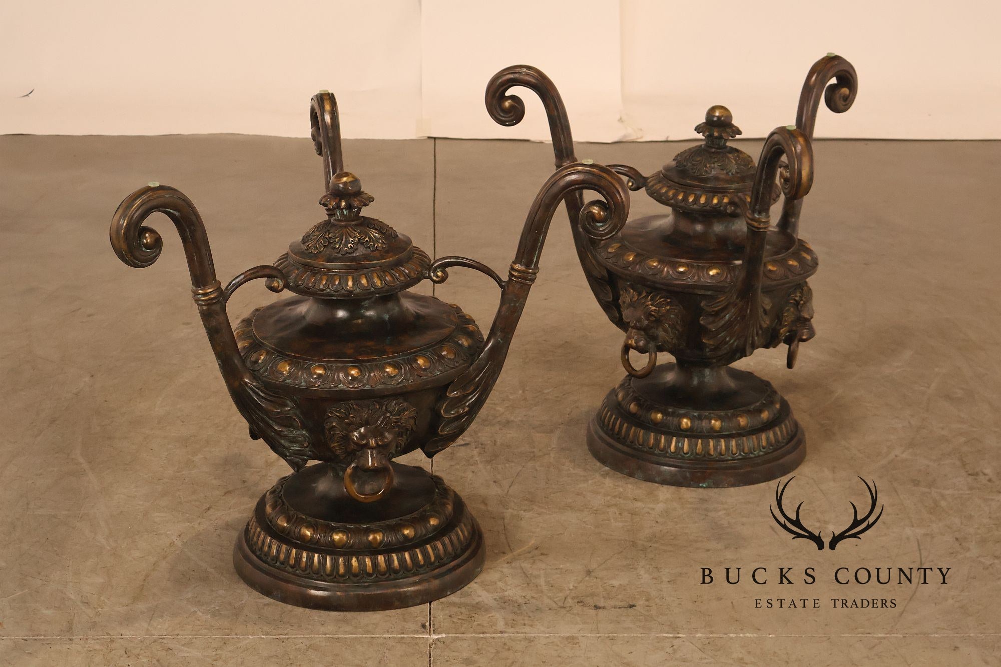 Monumental Brass Urn Form  Double Pedestal Glass Top Dining Table