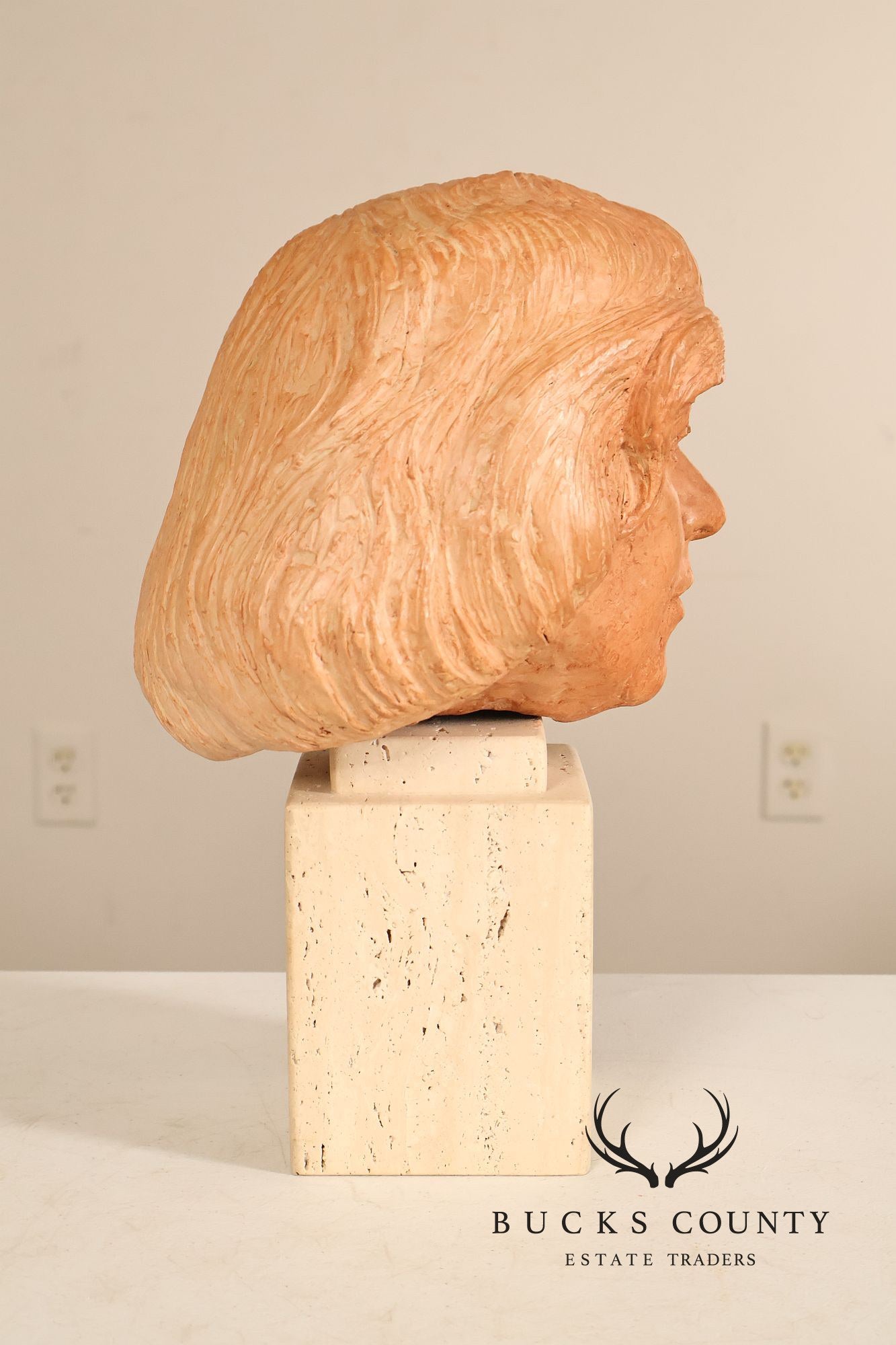 Contemporary Terracotta Female Portrait Bust Sculpture On Travertine Pedestal Base