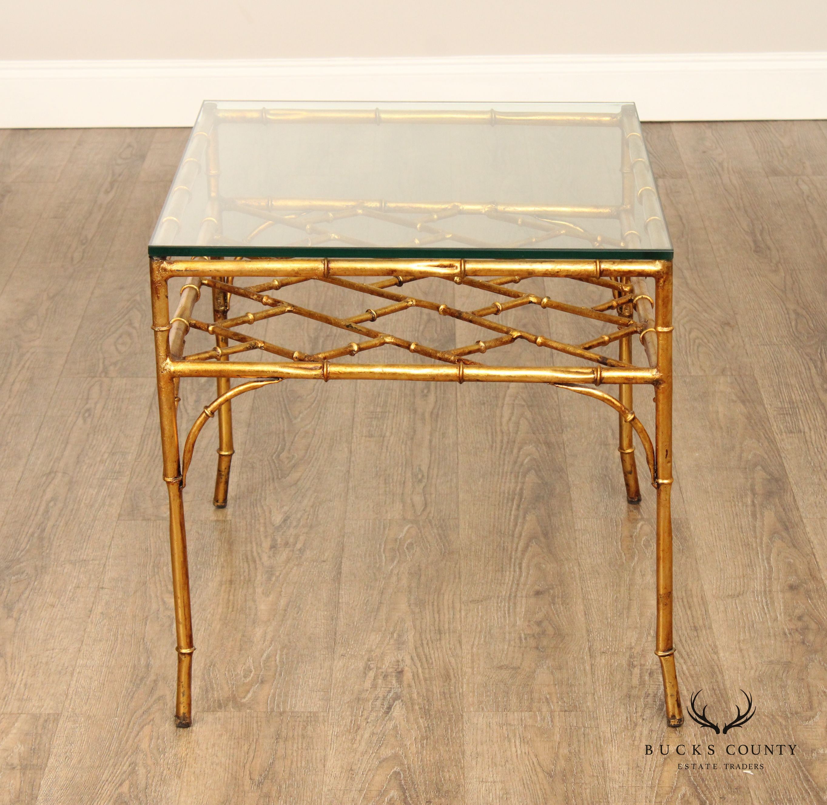 Hollywood Regency Style Vintage Glass Top Faux Bamboo Side Table