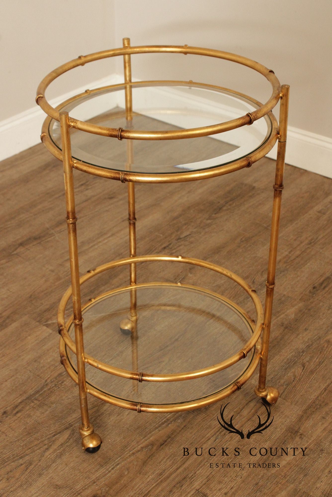 Hollywood Regency Style Gilt Metal Two-Tier Rolling Bar Cart