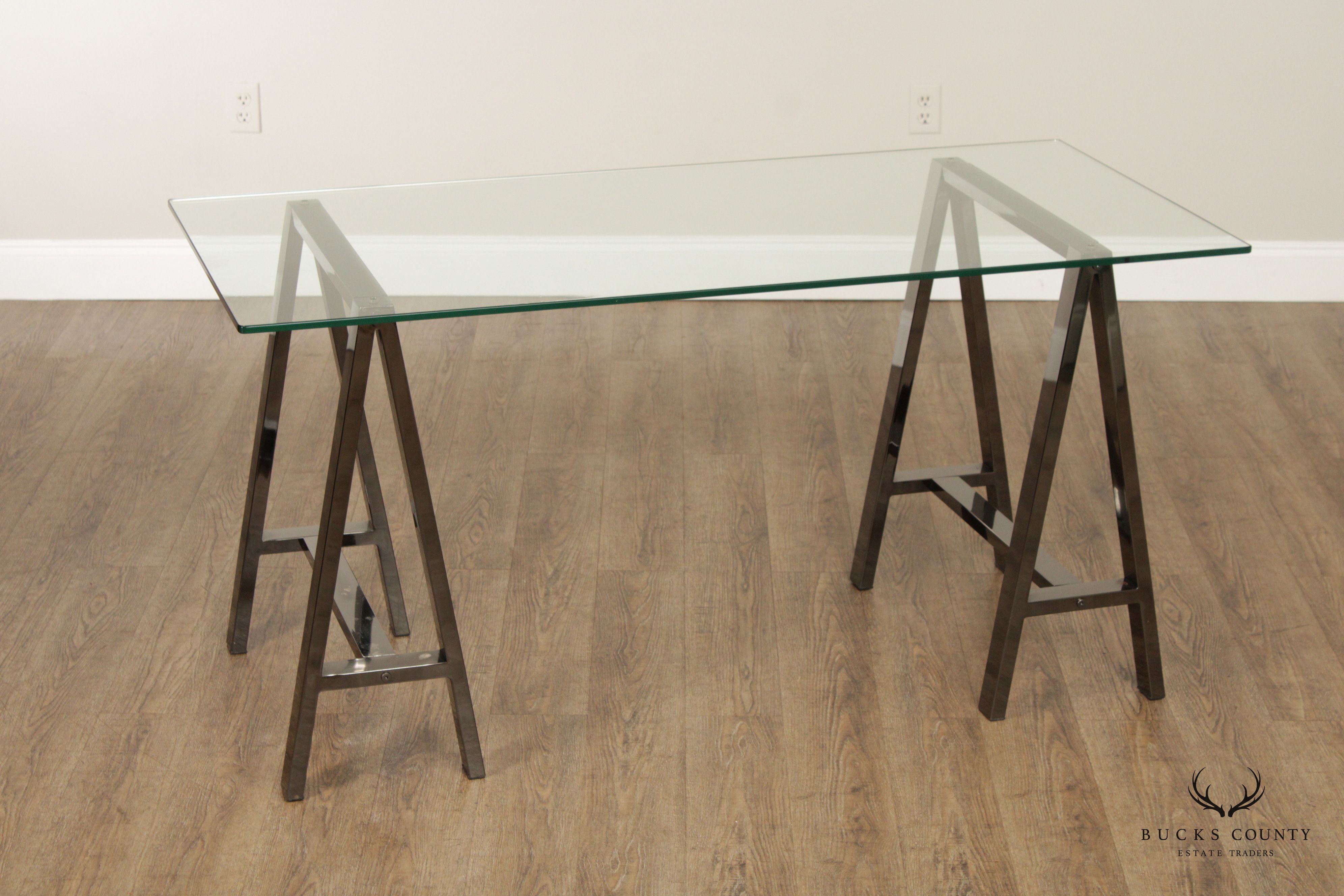 Industrial Style Chrome Sawhorse Glass Top Writing Desk