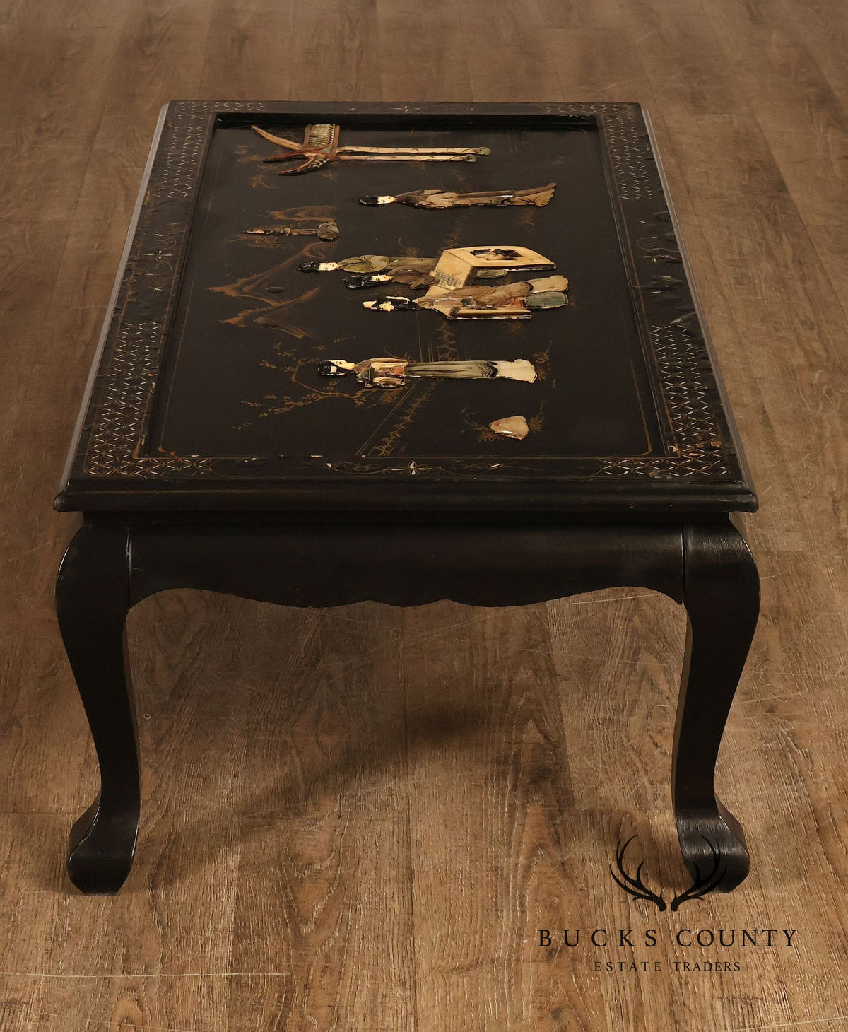 Asian Inspired Black Lacquer Coffee Table With Figural Inlay
