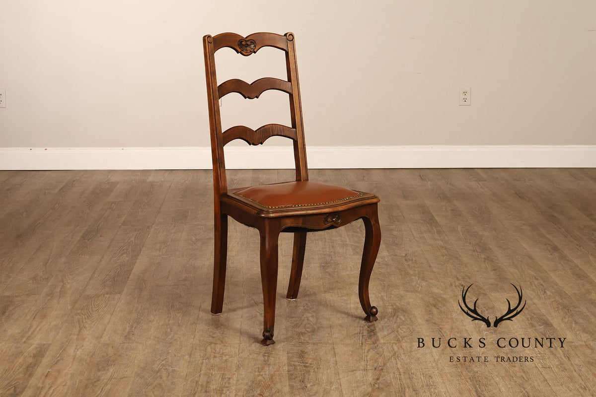 French Country Antique Set Of Eight Walnut And Leather Ladder Back Dining Chairs