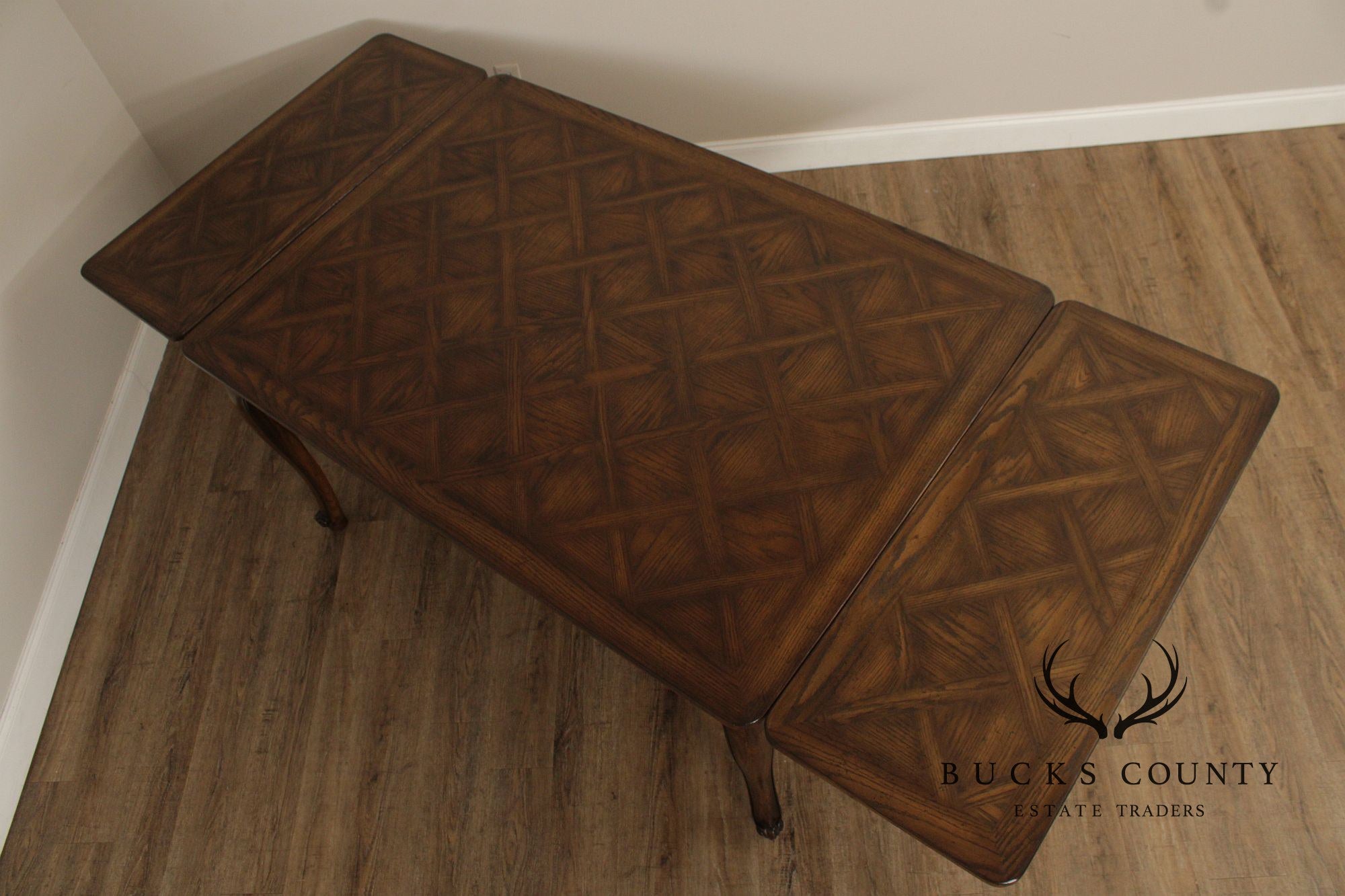 French Country Style Oak Parquetry Top Draw Leaf Dining Table