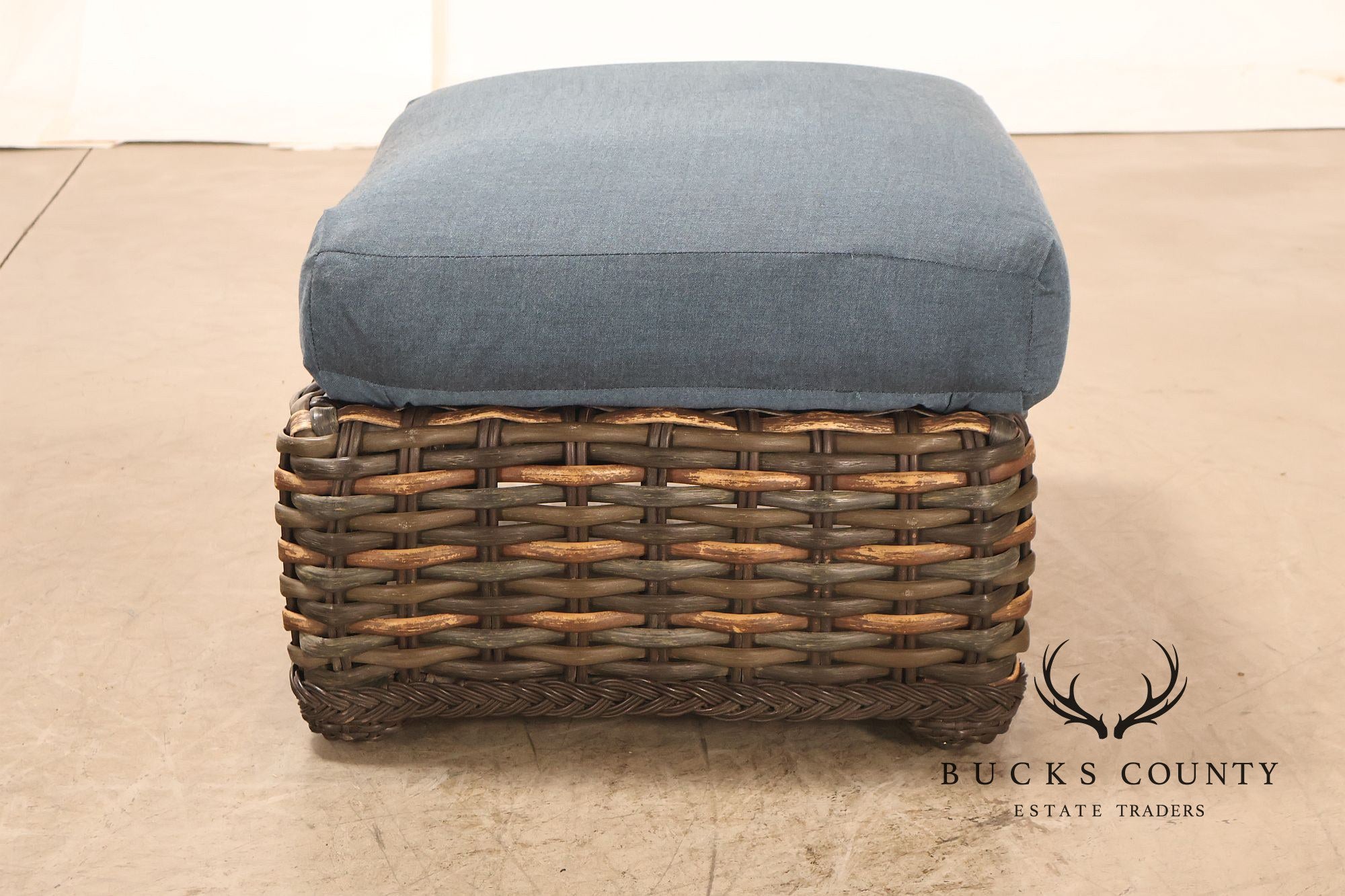 Lane Venture Weather Master Pair Of Woven Wicker Outdoor Ottomans With Blue Cushions