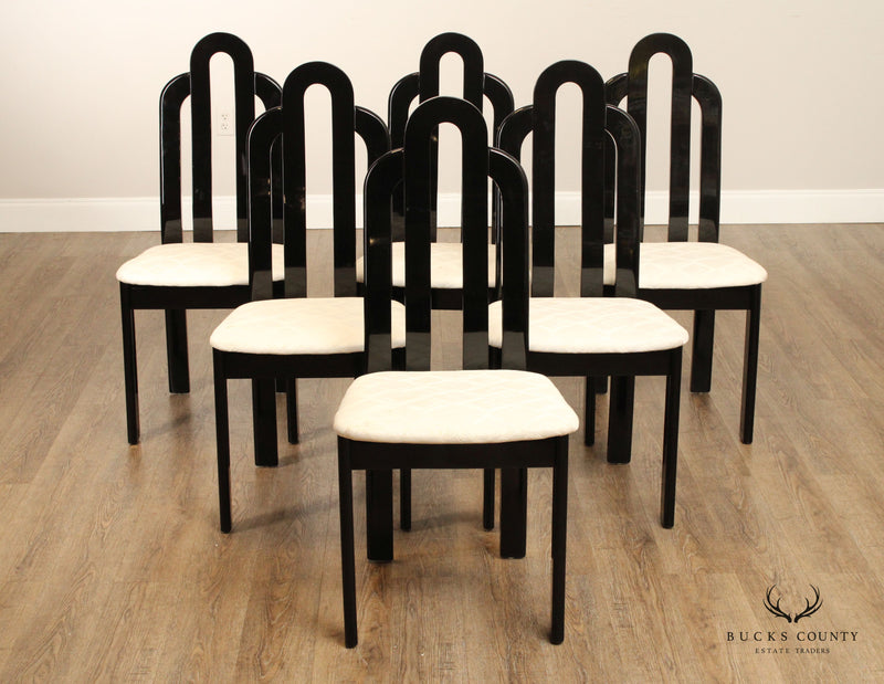 Italian Art Deco Style Set of Six Black Lacquered Dining Chairs