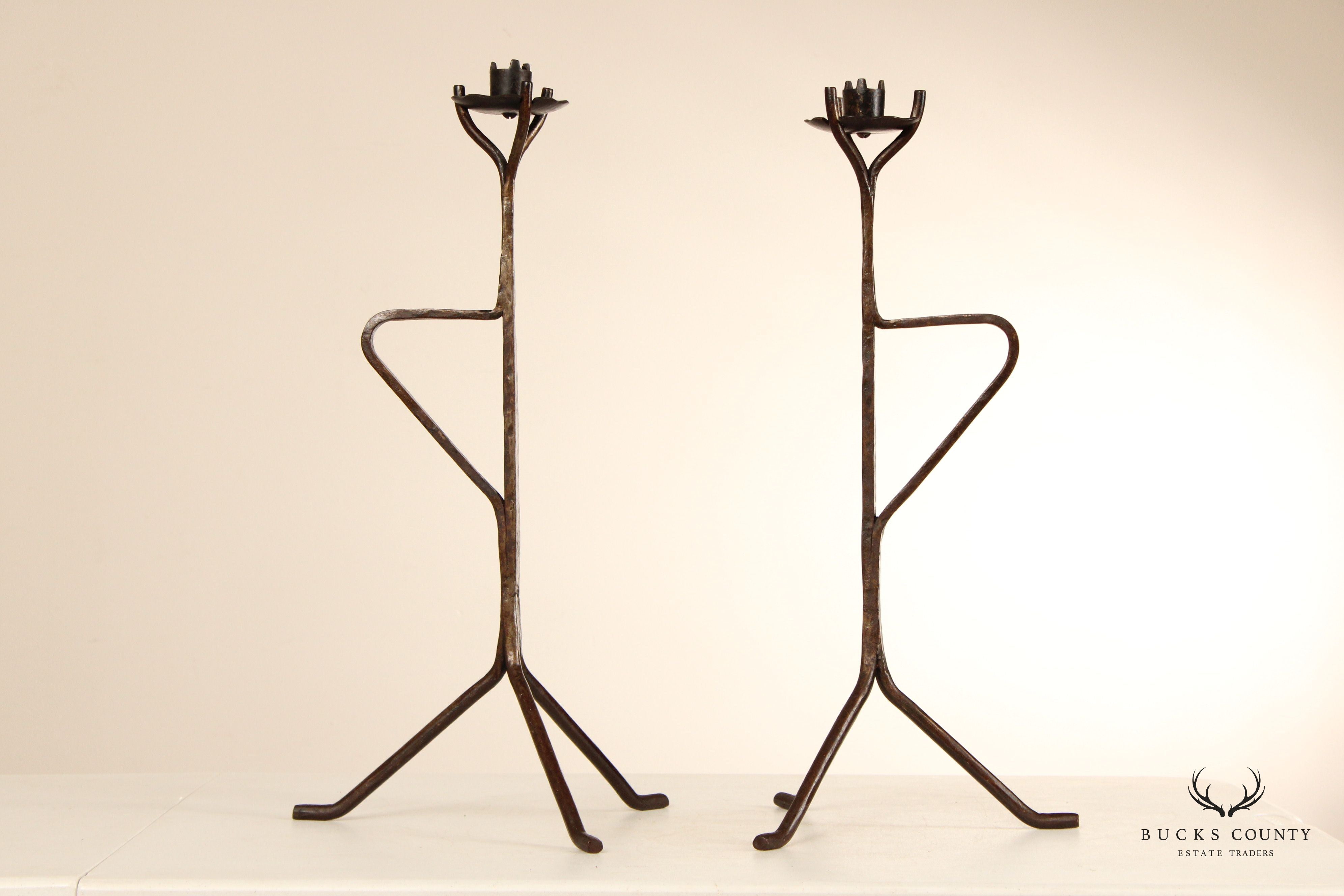 Mid Century Pair Of Hand Forged Tabletop Candelabras