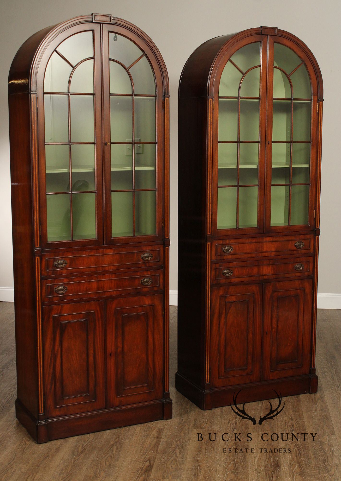 English Regency Style Pair of Mahogany Arched Glass Door Bookcases