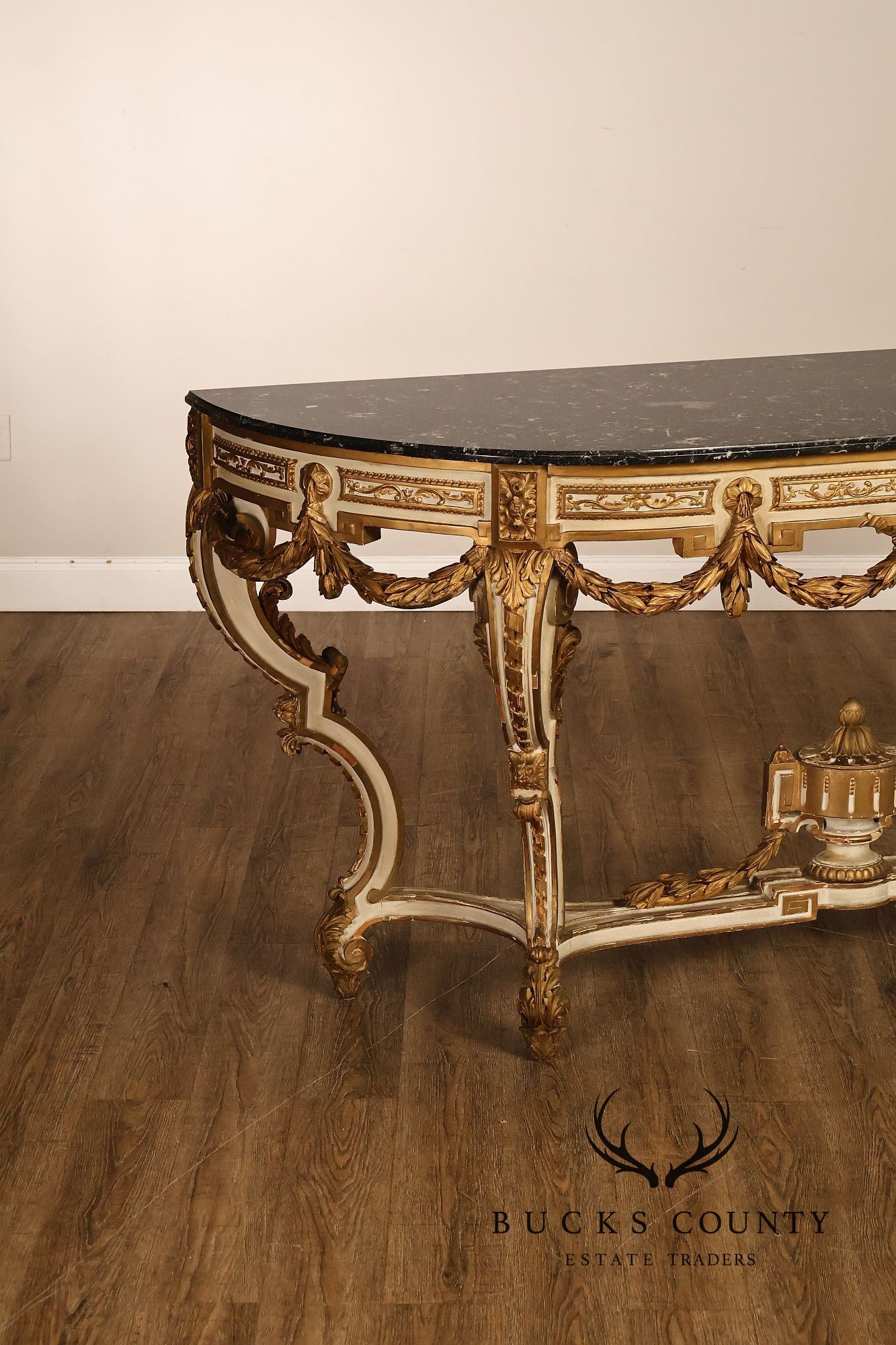Louis XV Style Giltwood And Painted Demilune Marble Top Console Table