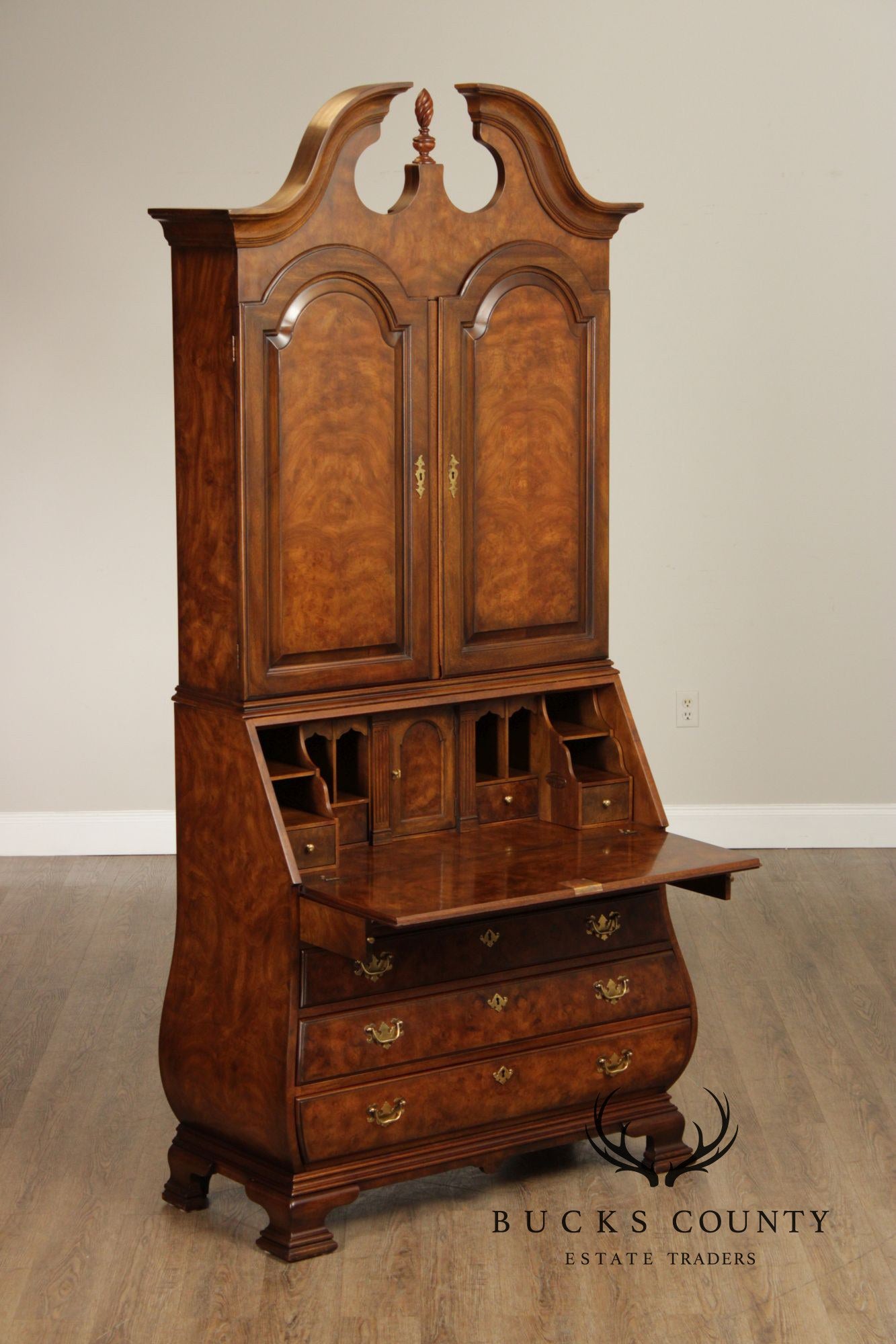 Chippendale Style Burled Walnut Bombe Secretary Desk Bookcase By Heritage Heirloom