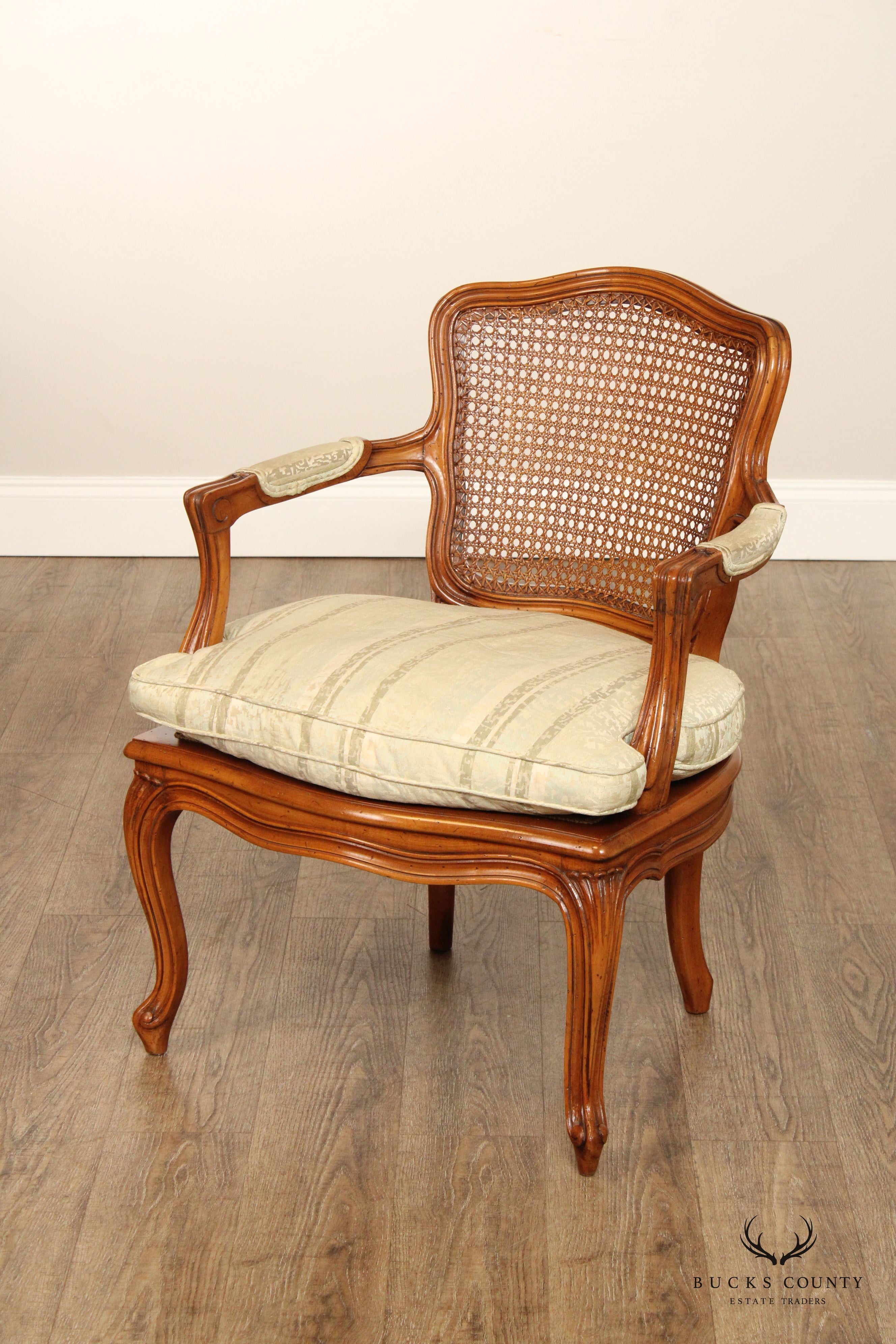 French Louis XV Style Carved Frame and Caned Fauteuil Armchair