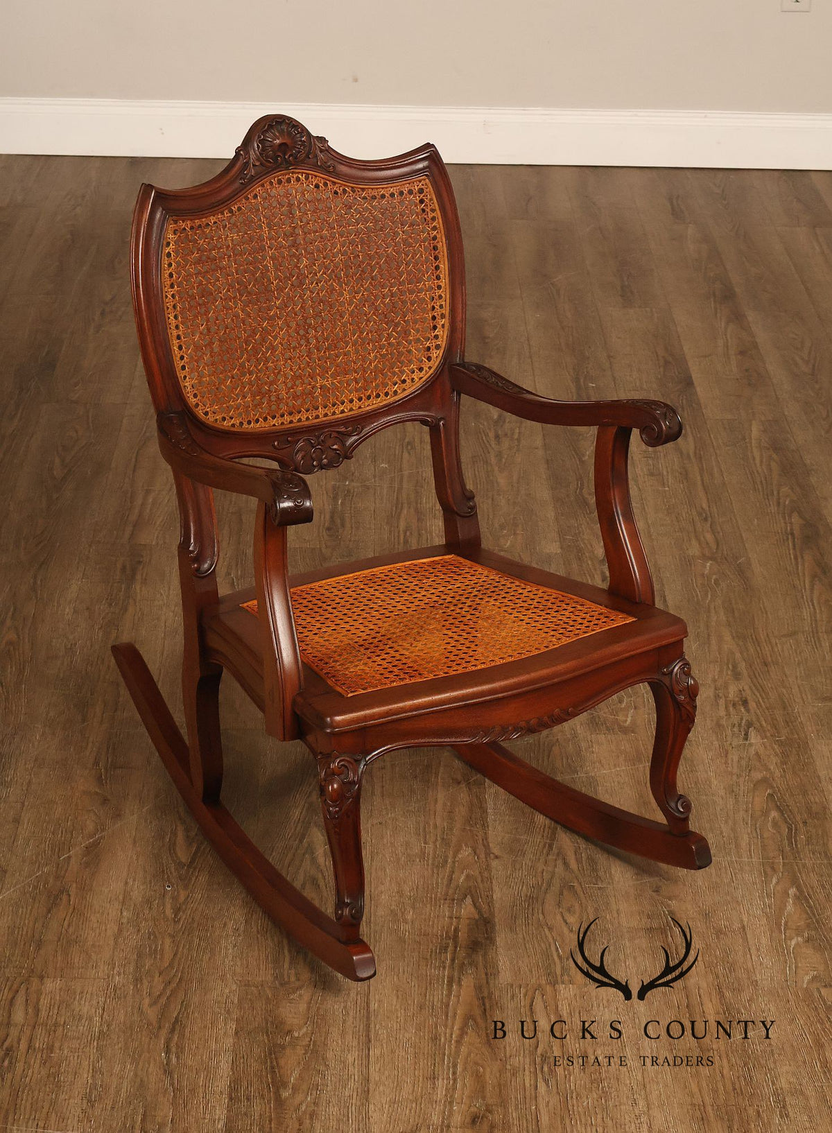 Antique Victorian Shell Carved Mahogany Caned Rocking Chair