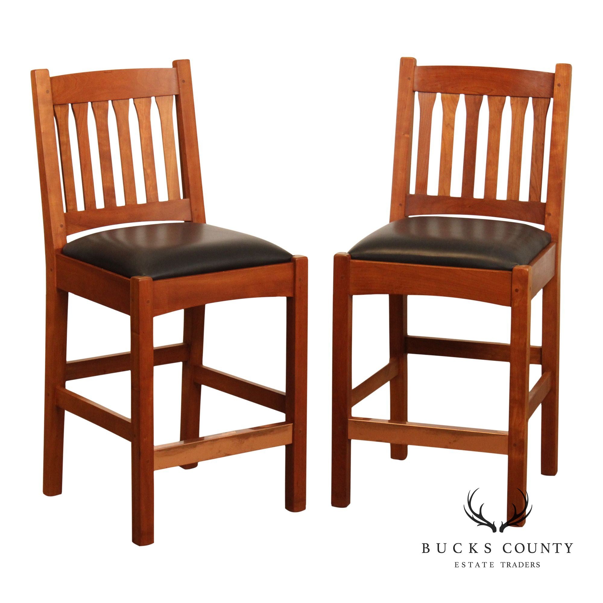 Stickley Mission Collection Pair of Cherry and Leather Counter Stools