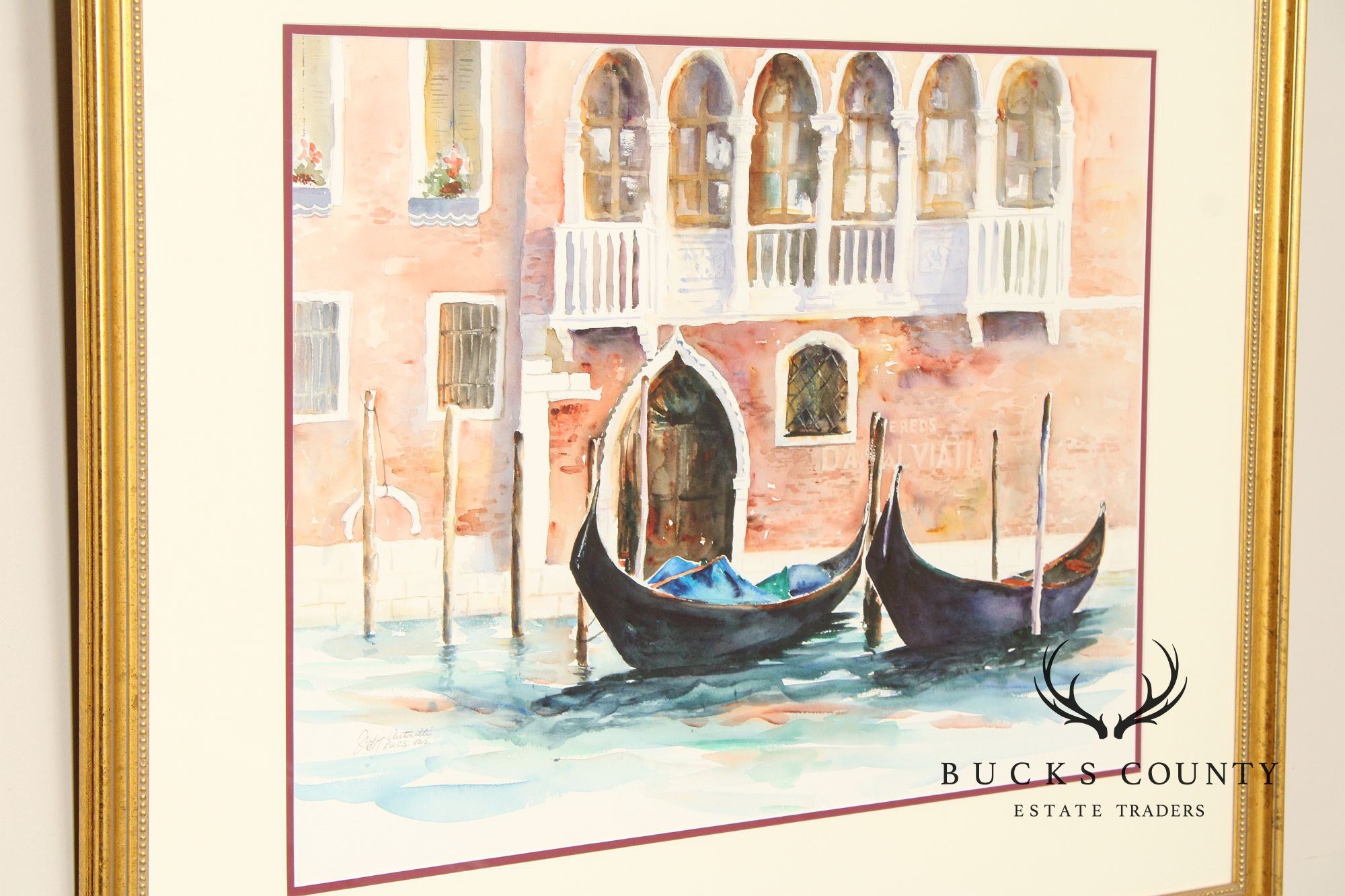 Judy Antonelli Framed Watercolor Painting, 'The Waiting Gondolas'