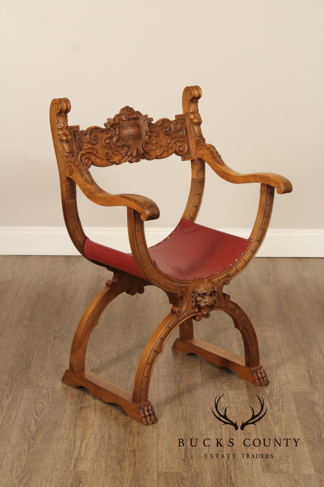 Antique Renaissance Revival Pair of Carved Walnut Savanarola Chairs