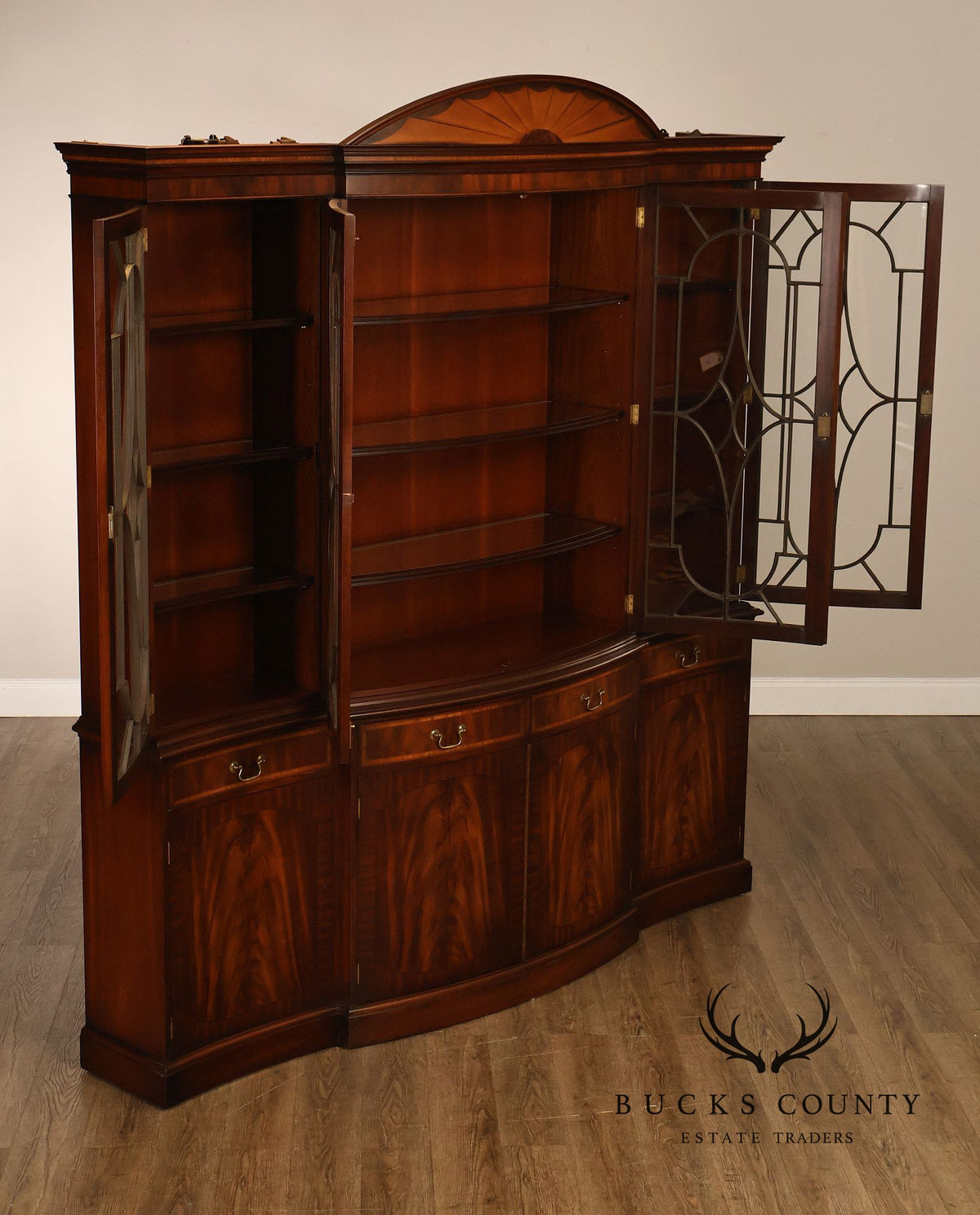 Bevan Funnell Reprodux English Georgian Style Inlaid Mahogany Breakfront