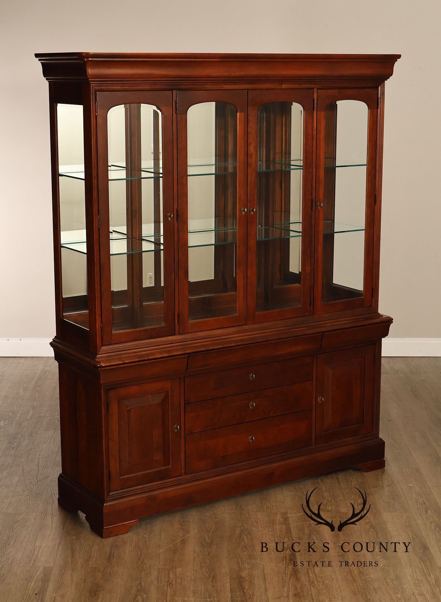 Pennsylvania House Louis Philippe Style Cherry Breakfront Lighted China Cabinet