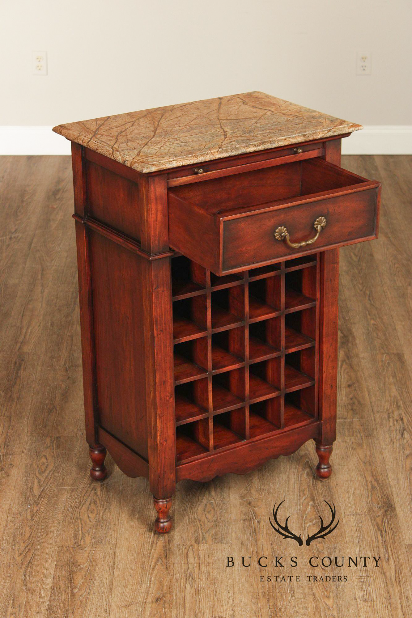 French Country Style Marble Top Wine Rack Cabinet With Drawer, Cherry Finish